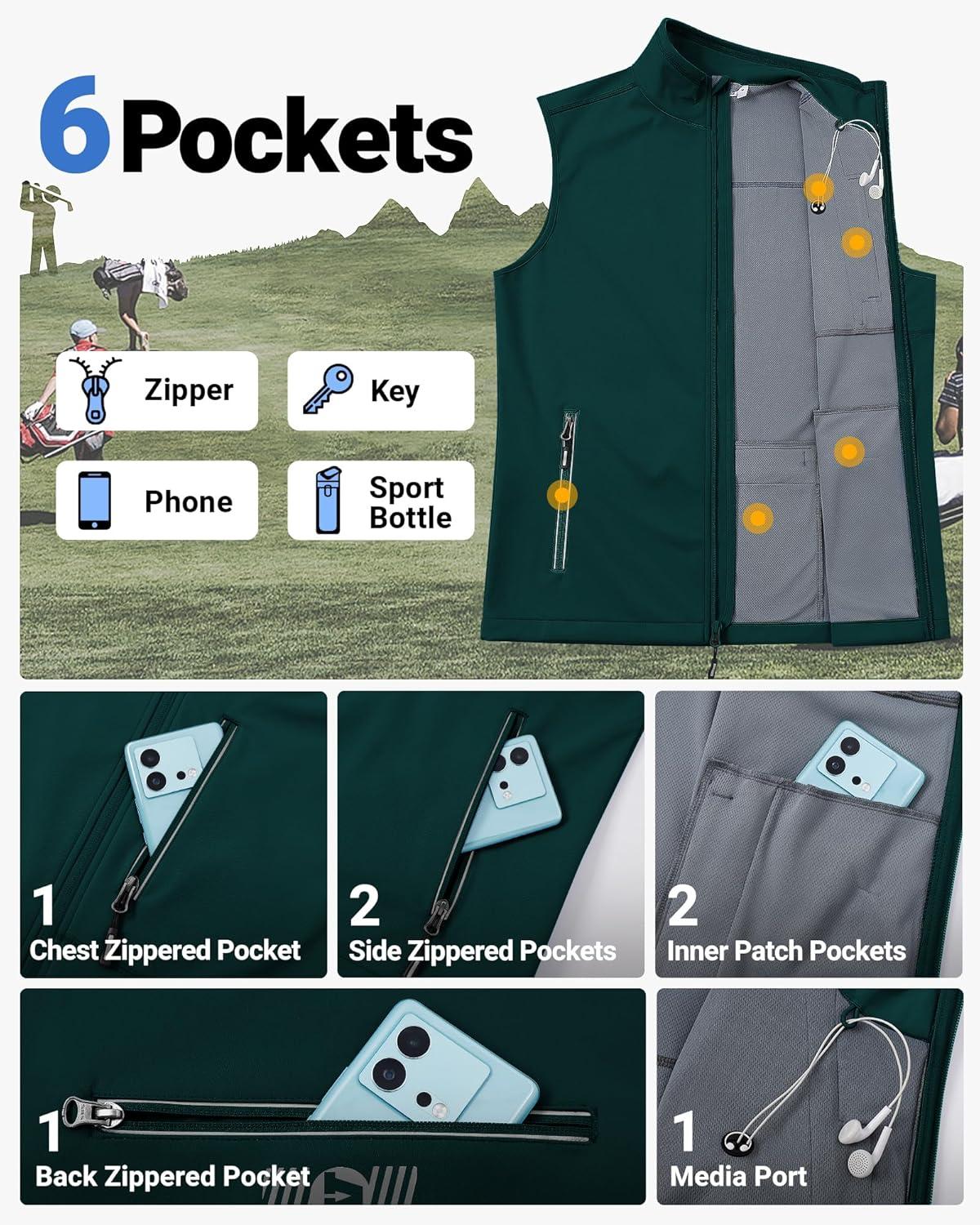 Outdoor Ventures Men’s Windproof Softshell Vest Outerwear Lightweight Sleeveless Jacket for Running Golf Hiking Travel(Dark Green)