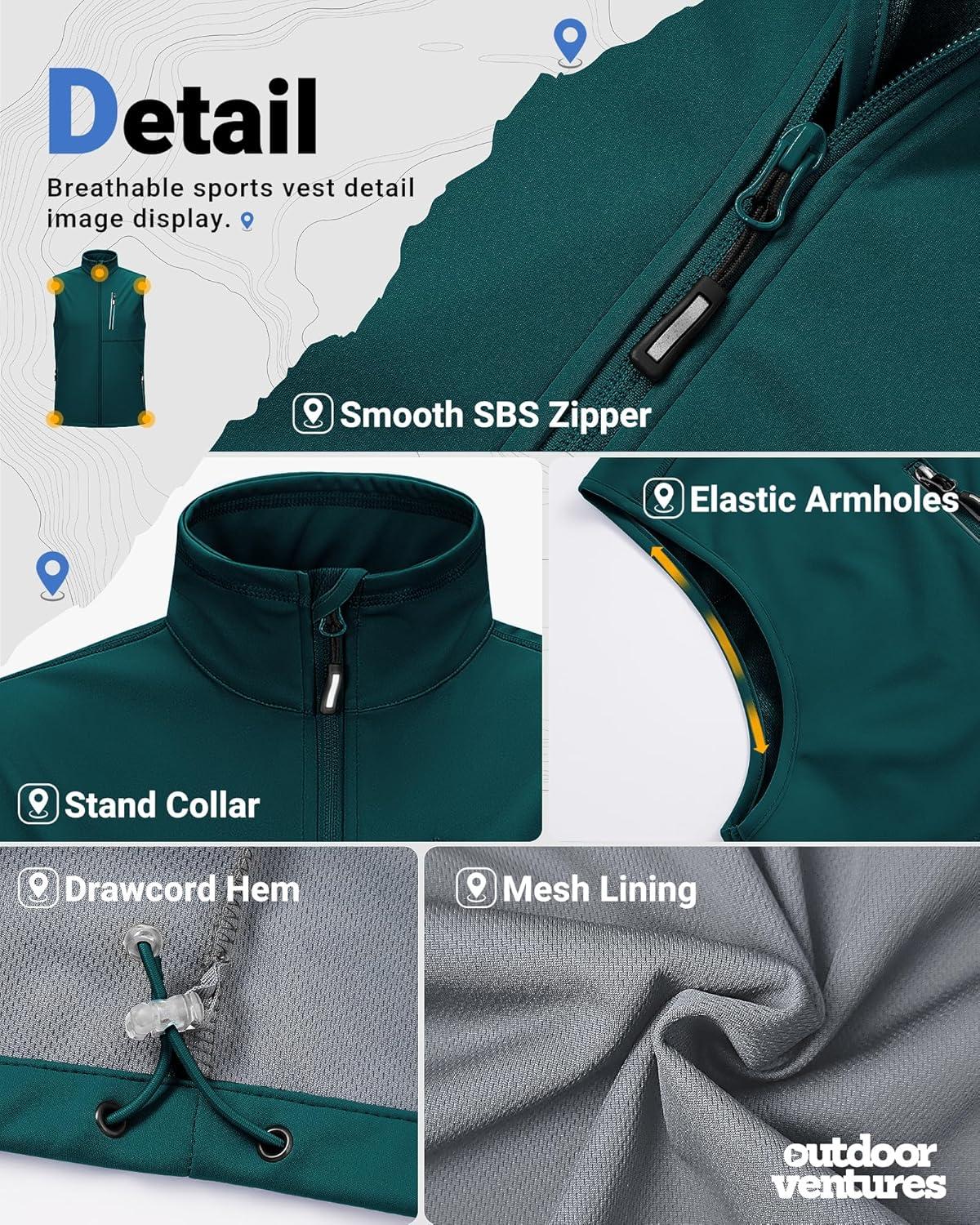 Outdoor Ventures Men’s Windproof Softshell Vest Outerwear Lightweight Sleeveless Jacket for Running Golf Hiking Travel(Dark Green)