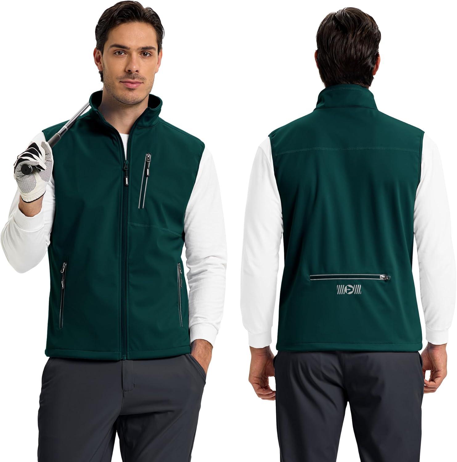 Outdoor Ventures Men’s Windproof Softshell Vest Outerwear Lightweight Sleeveless Jacket for Running Golf Hiking Travel(Dark Green)