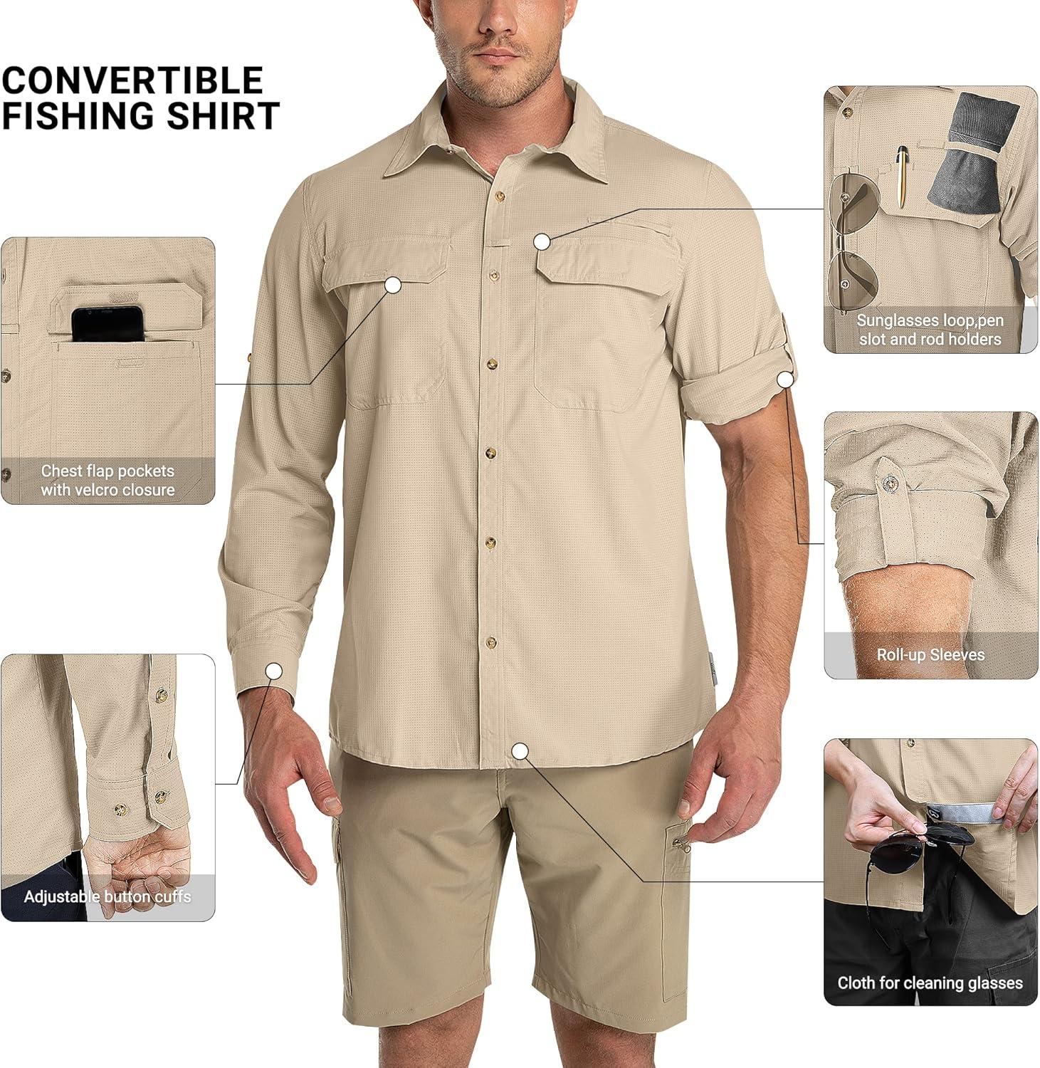 Outdoor Ventures Men’s UPF 50+ UV Sun Protection Shirt, Long Sleeve Hiking Fishing Shirt Cooling Quick Dry for Safari Travel(Khaki)