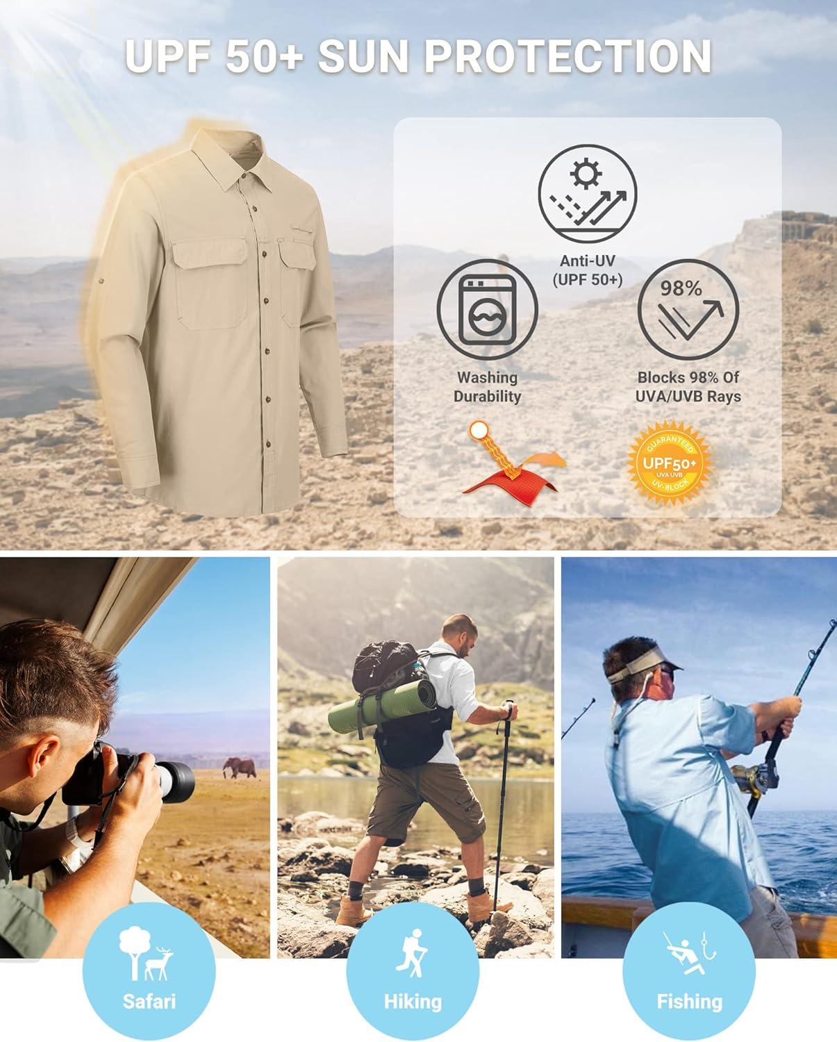 Outdoor Ventures Men’s UPF 50+ UV Sun Protection Shirt, Long Sleeve Hiking Fishing Shirt Cooling Quick Dry for Safari Travel(Khaki)