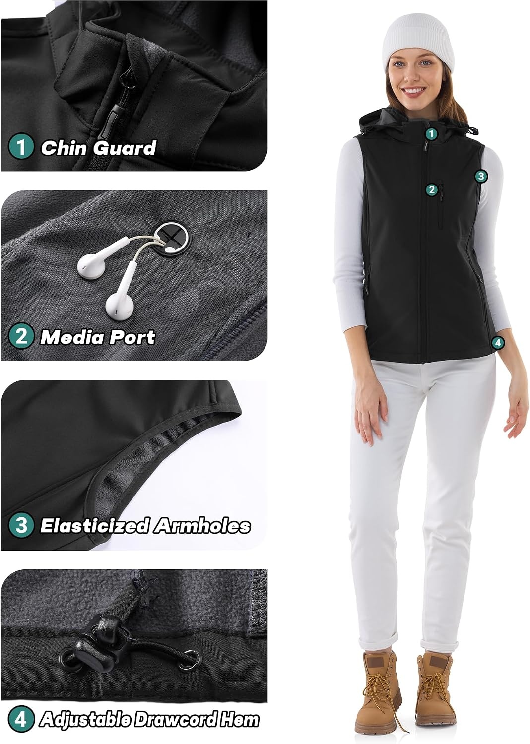 Outdoor Ventures Women’s Hooded Lightweight Golf Running Vest Outerwear(Black)