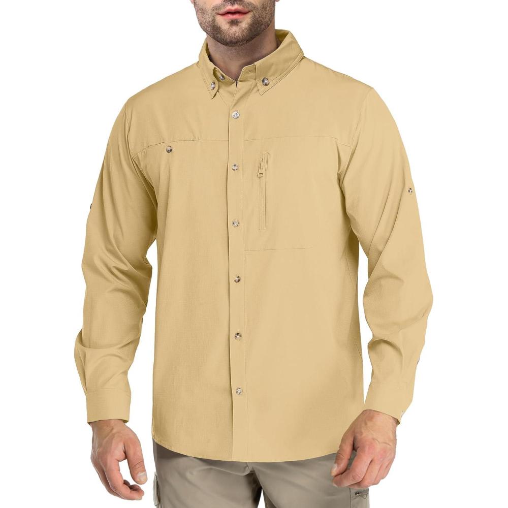 Outdoor Ventures Men’s Long Sleeve Hiking Shirt UPF 50 UV Sun Protection Shirt Cooling Quick Dry for Travel Fishing Safari(Sandy Brown)