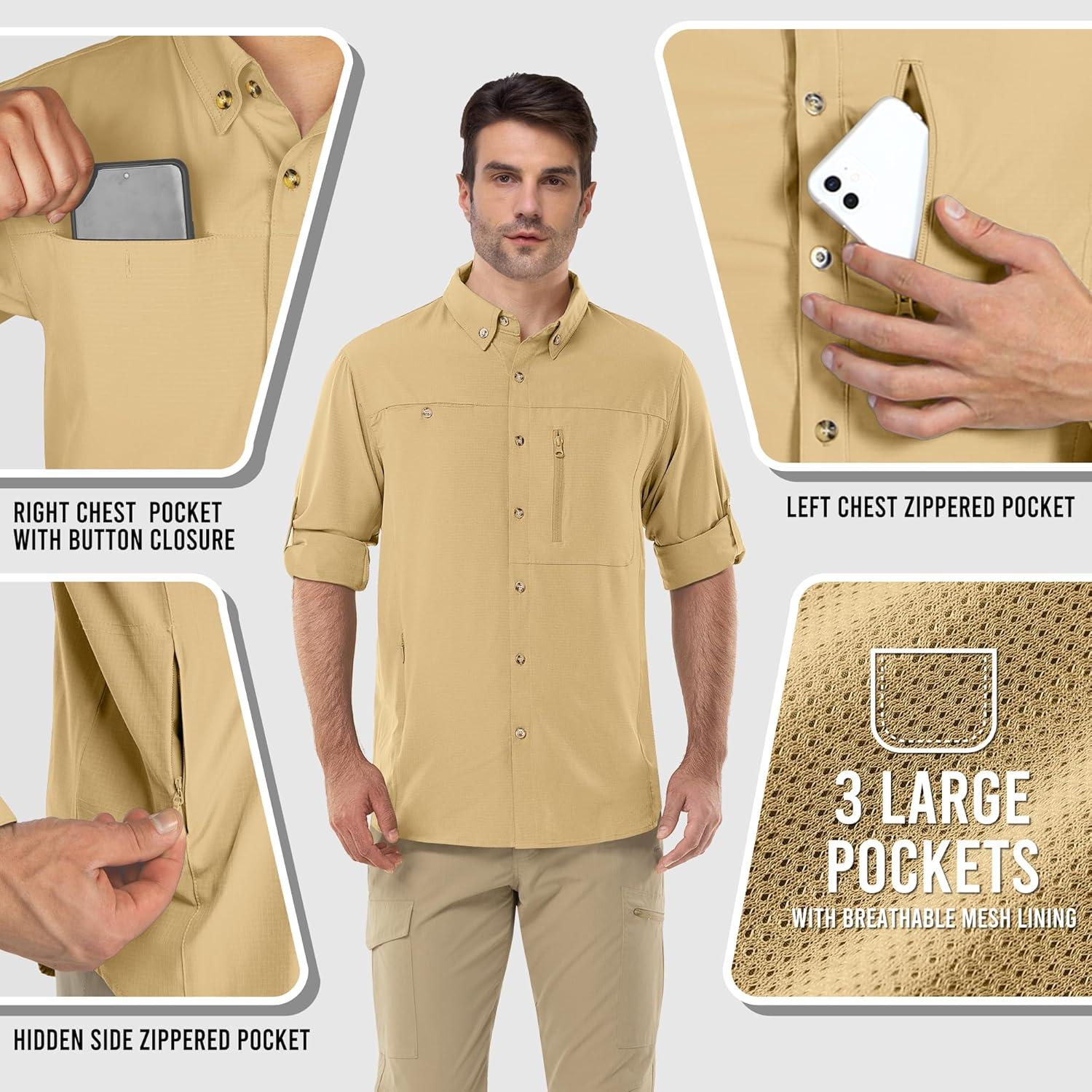 Outdoor Ventures Men’s Long Sleeve Hiking Shirt UPF 50 UV Sun Protection Shirt Cooling Quick Dry for Travel Fishing Safari(Sandy Brown)
