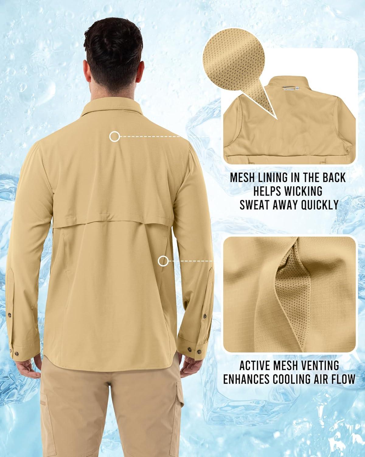 Outdoor Ventures Men’s Long Sleeve Hiking Shirt UPF 50 UV Sun Protection Shirt Cooling Quick Dry for Travel Fishing Safari(Sandy Brown)