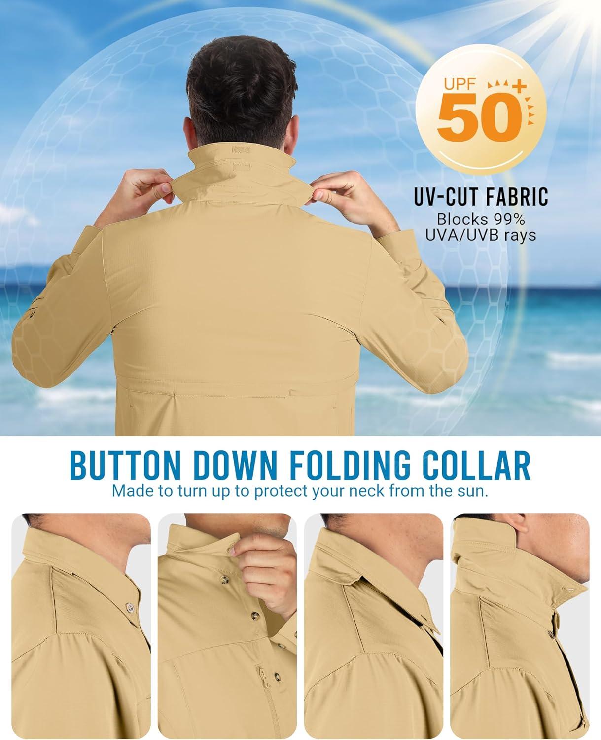 Outdoor Ventures Men’s Long Sleeve Hiking Shirt UPF 50 UV Sun Protection Shirt Cooling Quick Dry for Travel Fishing Safari(Sandy Brown)