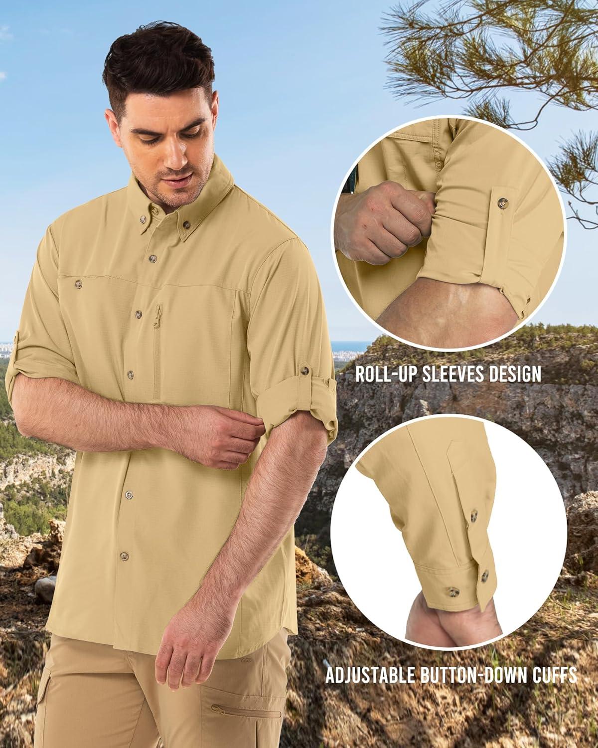 Outdoor Ventures Men’s Long Sleeve Hiking Shirt UPF 50 UV Sun Protection Shirt Cooling Quick Dry for Travel Fishing Safari(Sandy Brown)