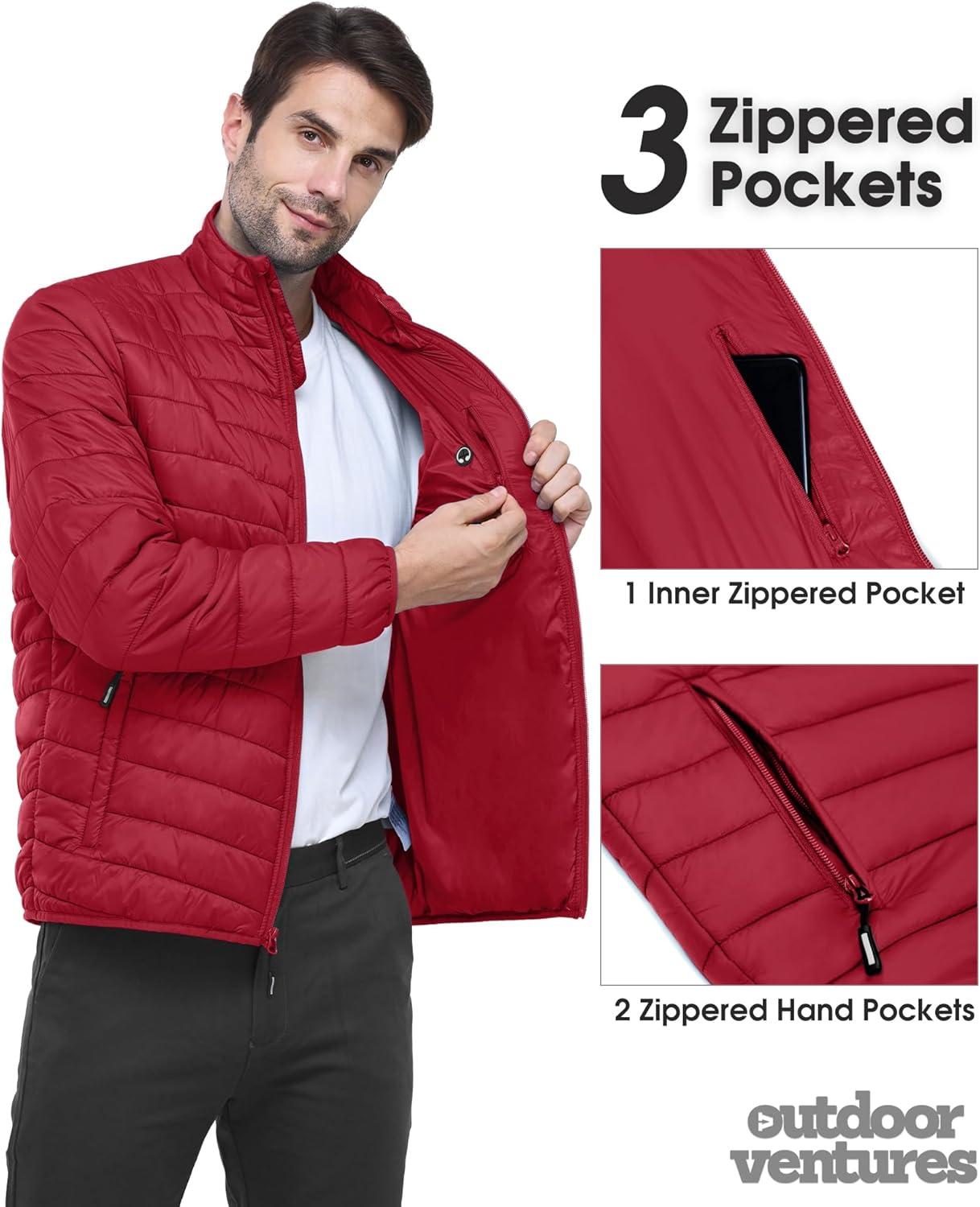 Outdoor Ventures Men’s Lightweight Packable Puffer Winter Jacket Insulated Puffy Coat for Snow Ski Hiking Travel(Mountain Red(fold in Bag))