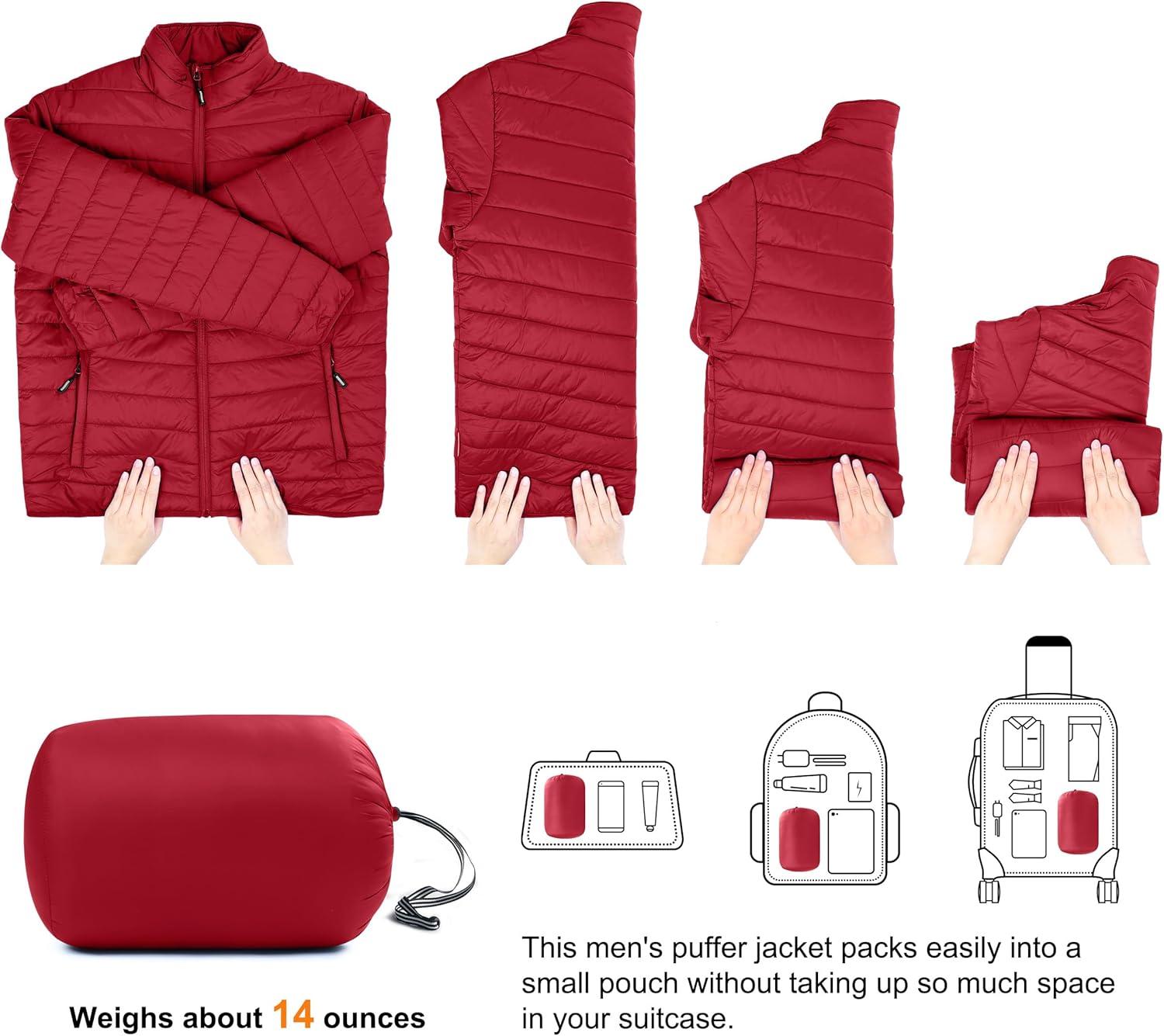 Outdoor Ventures Men’s Lightweight Packable Puffer Winter Jacket Insulated Puffy Coat for Snow Ski Hiking Travel(Mountain Red(fold in Bag))