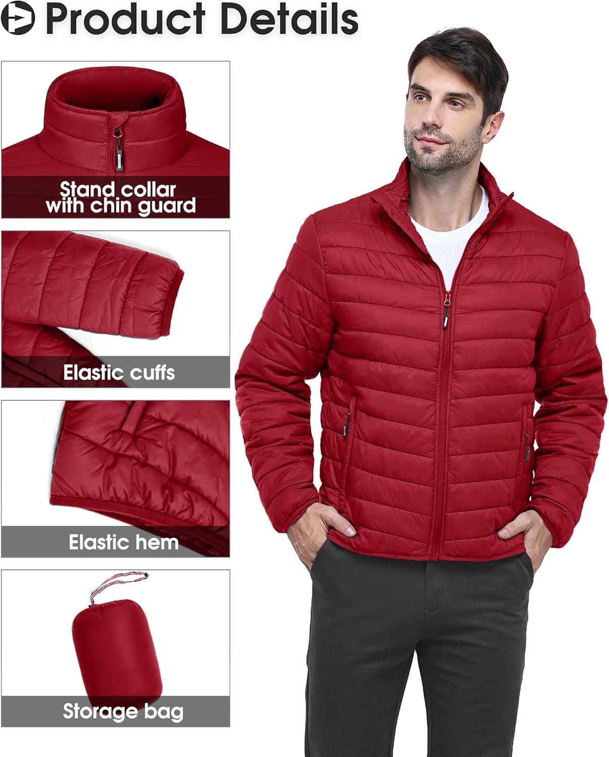 Outdoor Ventures Men’s Lightweight Packable Puffer Winter Jacket Insulated Puffy Coat for Snow Ski Hiking Travel(Mountain Red(fold in Bag))
