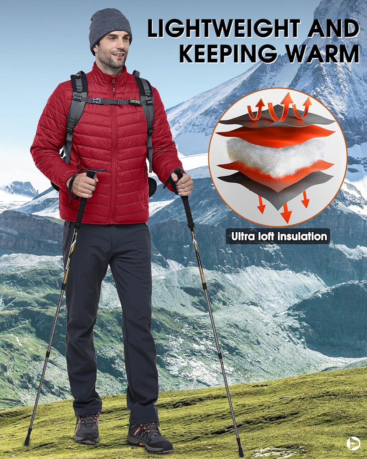 Outdoor Ventures Men’s Lightweight Packable Puffer Winter Jacket Insulated Puffy Coat for Snow Ski Hiking Travel(Mountain Red(fold in Bag))