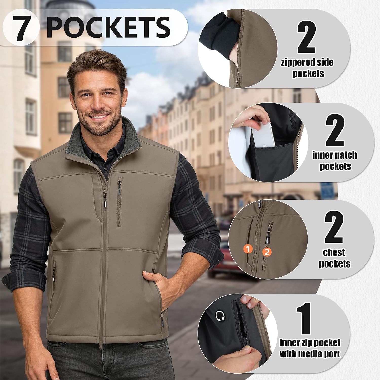 Outdoor Ventures Men’s Winter Golf Vest Outerwear Lightweight Fleece Lined(Light Brown)