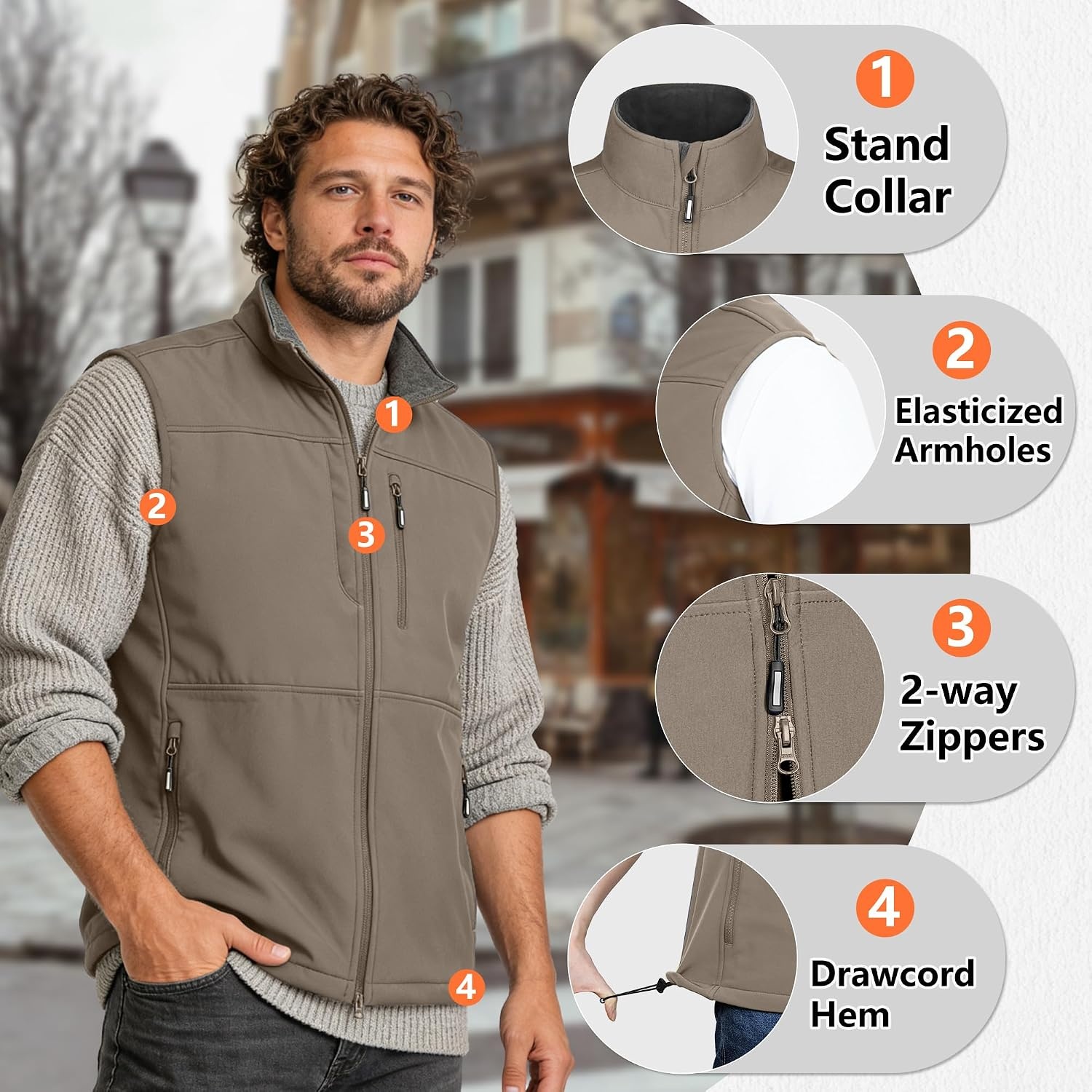 Outdoor Ventures Men’s Winter Golf Vest Outerwear Lightweight Fleece Lined(Light Brown)