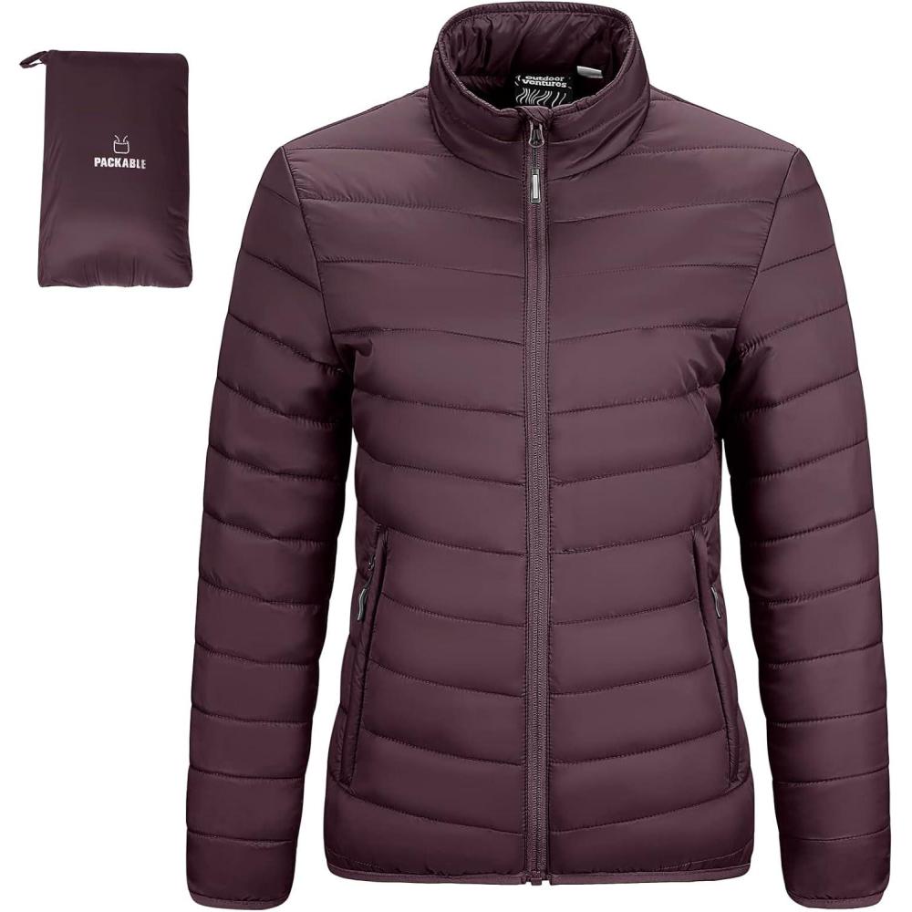 Outdoor Ventures Women’s Packable Full-Zip Short Puffer Jacket Insulated Quilted Warm Lightweight Winter Coat(Eggplant(fold in Pocket))