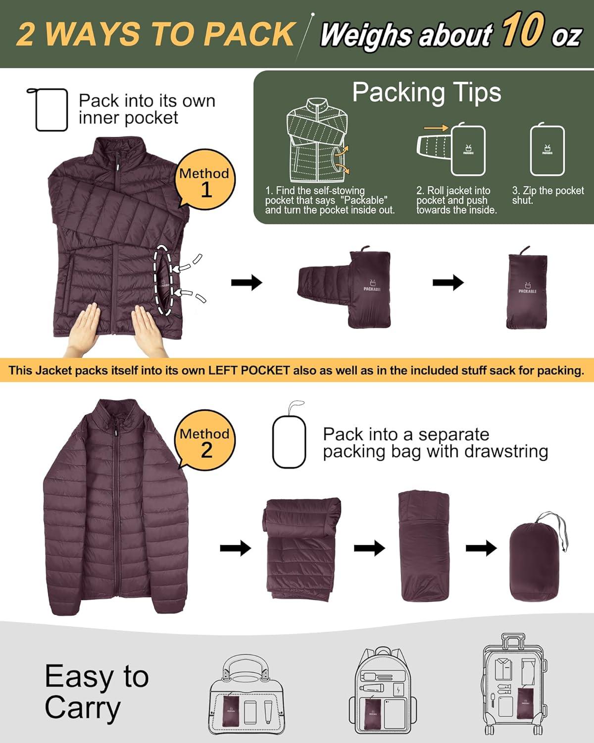 Outdoor Ventures Women’s Packable Full-Zip Short Puffer Jacket Insulated Quilted Warm Lightweight Winter Coat(Eggplant(fold in Pocket))