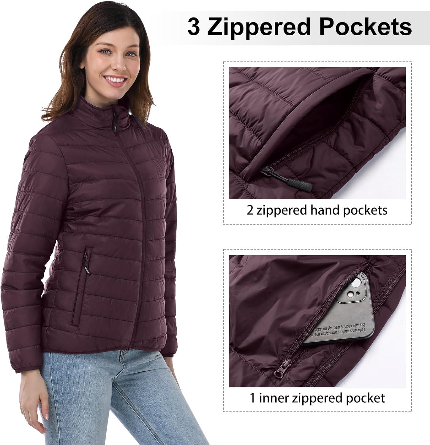 Outdoor Ventures Women’s Packable Full-Zip Short Puffer Jacket Insulated Quilted Warm Lightweight Winter Coat(Eggplant(fold in Pocket))