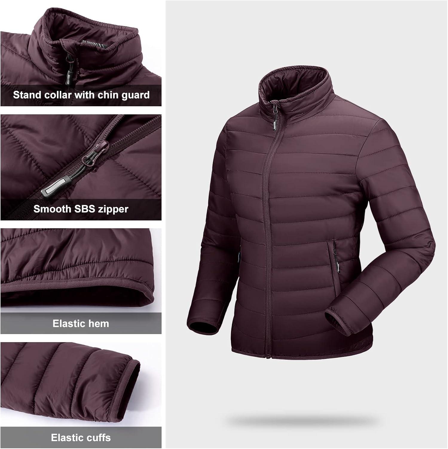 Outdoor Ventures Women’s Packable Full-Zip Short Puffer Jacket Insulated Quilted Warm Lightweight Winter Coat(Eggplant(fold in Pocket))