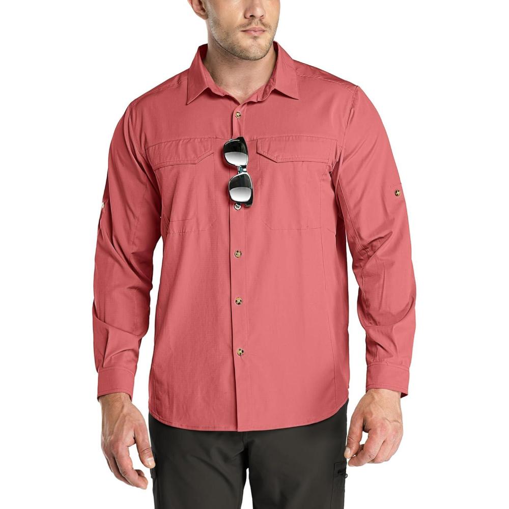 Outdoor Ventures Men’s UPF 50+ UV Sun Protection SPF Hiking Shirt Long Sleeve Lightweight Quick Dry for Safari Travel Fishing(Watermelon)