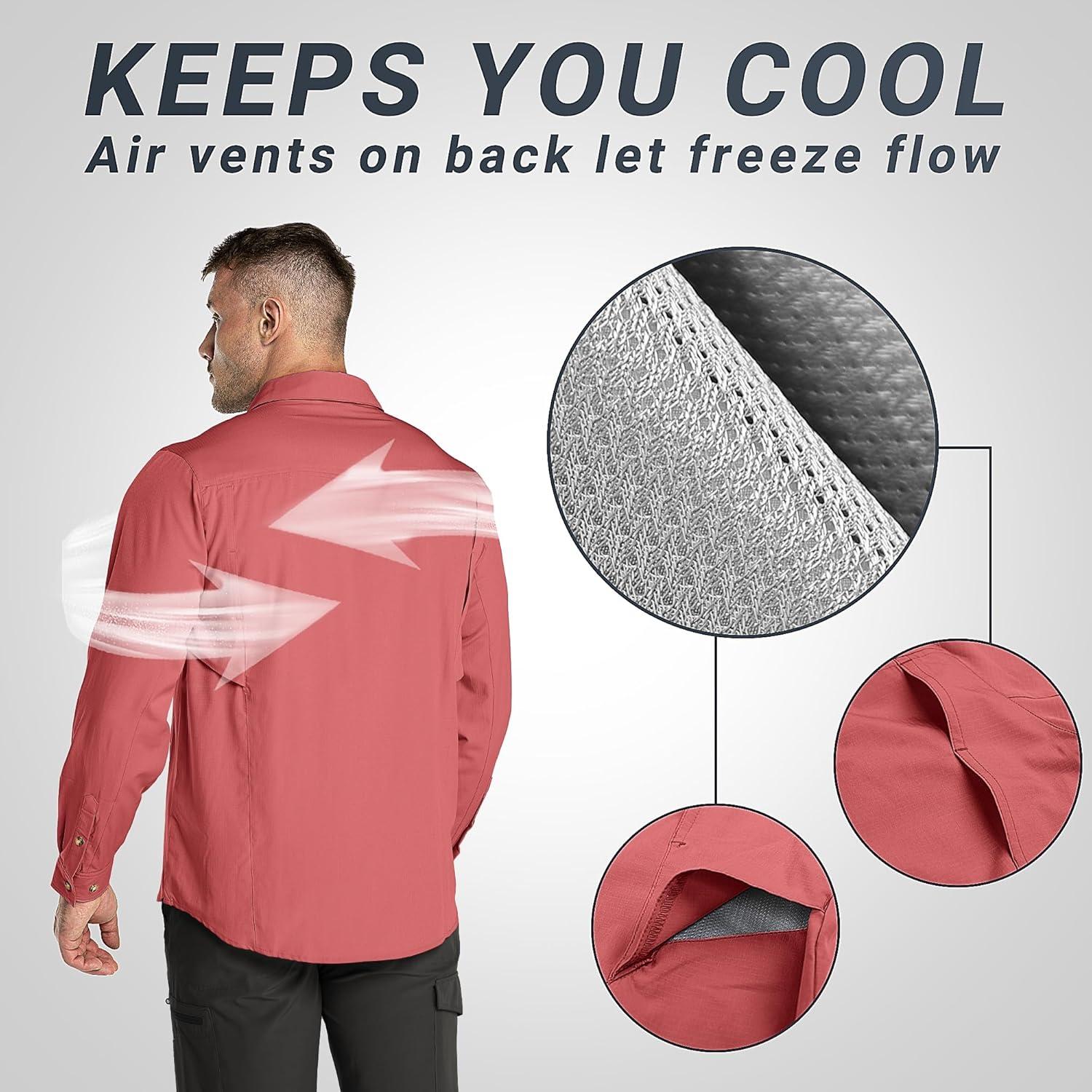 Outdoor Ventures Men’s UPF 50+ UV Sun Protection SPF Hiking Shirt Long Sleeve Lightweight Quick Dry for Safari Travel Fishing(Watermelon)