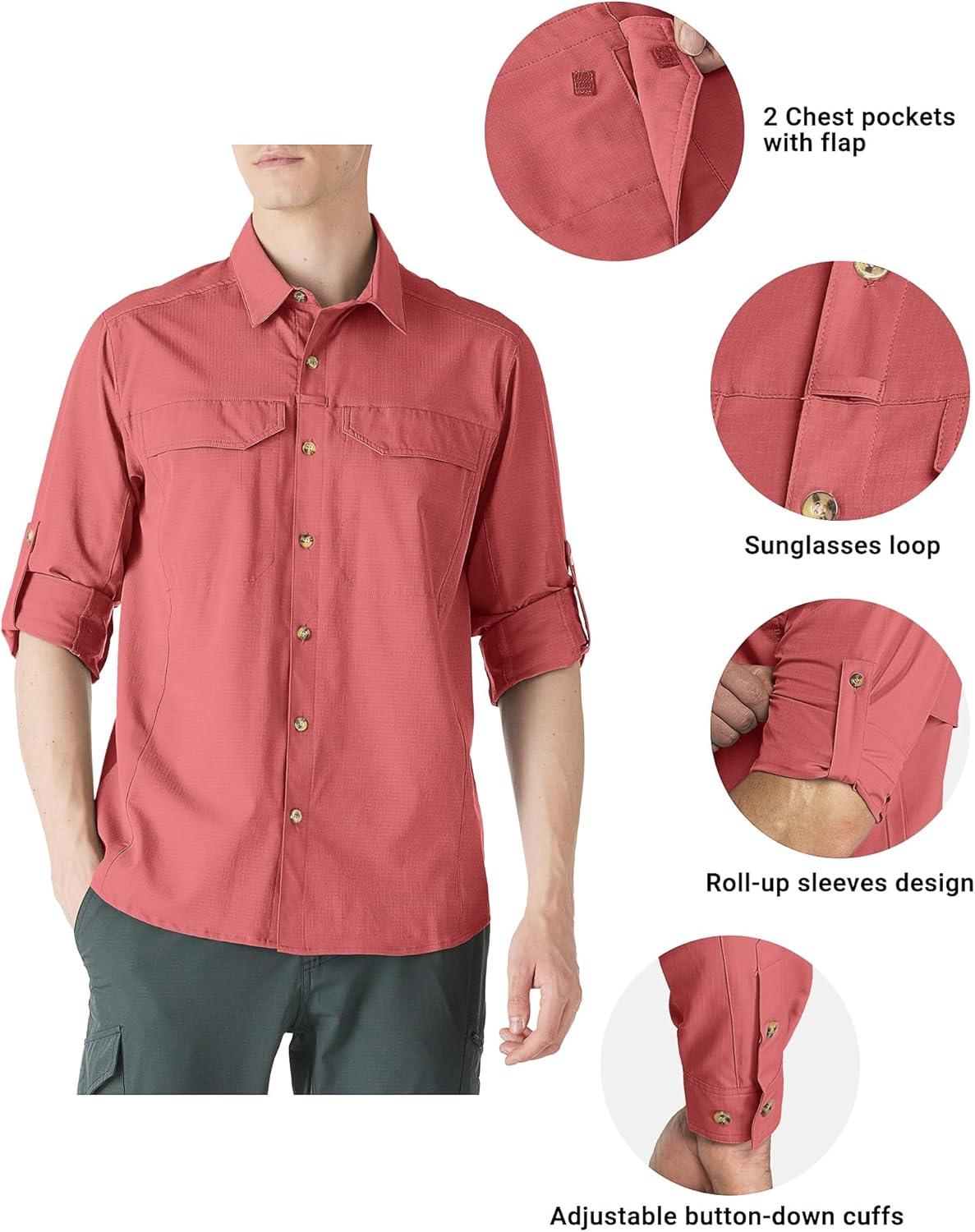 Outdoor Ventures Men’s UPF 50+ UV Sun Protection SPF Hiking Shirt Long Sleeve Lightweight Quick Dry for Safari Travel Fishing(Watermelon)