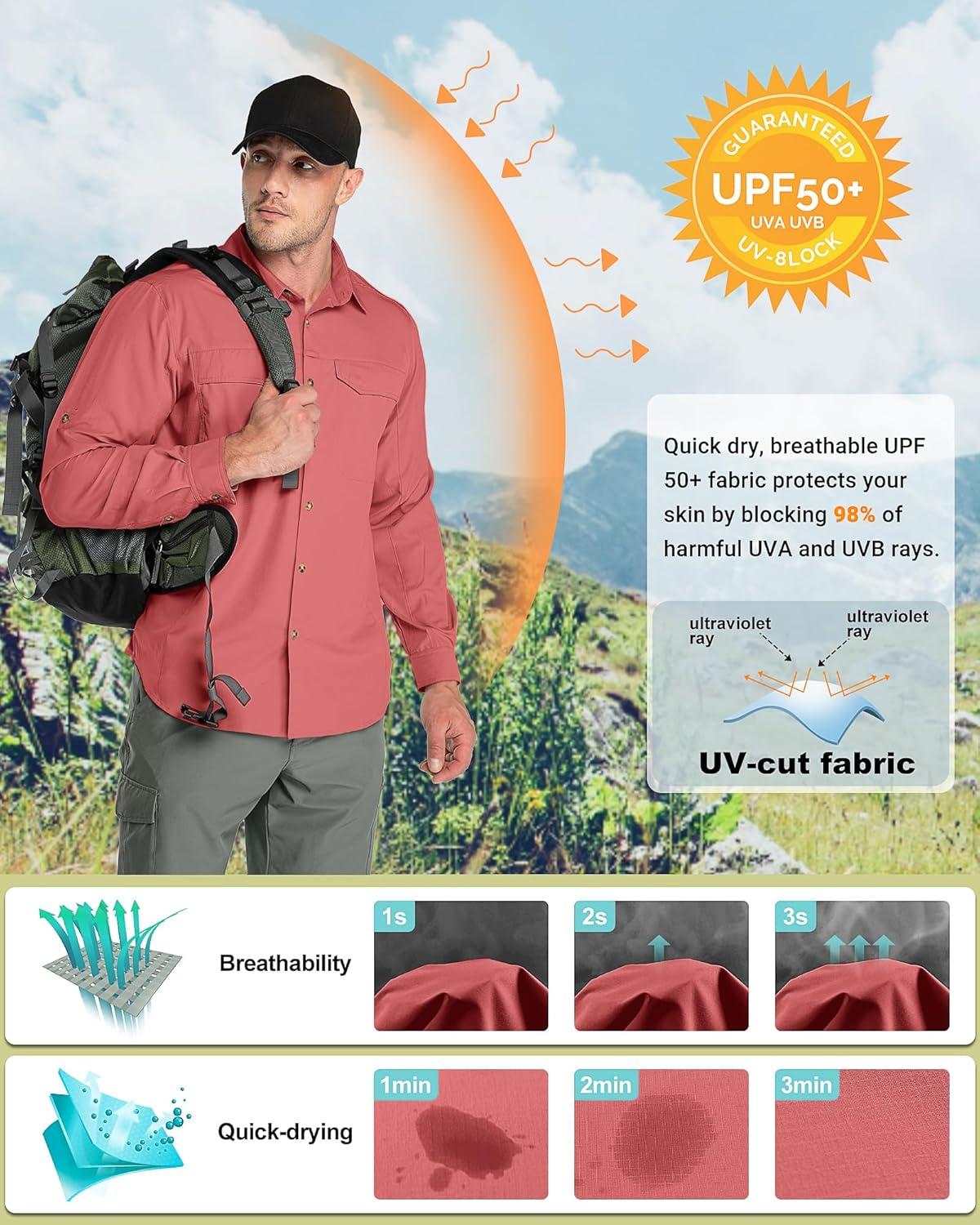 Outdoor Ventures Men’s UPF 50+ UV Sun Protection SPF Hiking Shirt Long Sleeve Lightweight Quick Dry for Safari Travel Fishing(Watermelon)