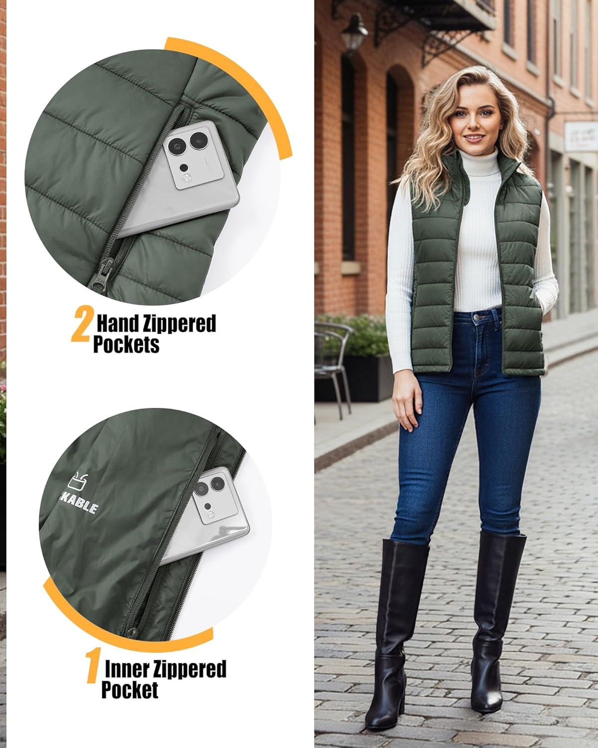 Outdoor Ventures Women’s Lightweight Puffer Vest Outerwear Zip Up Warm Sleeveless Winter Jacket Padded Gilet Quilted Coat(Army Green)
