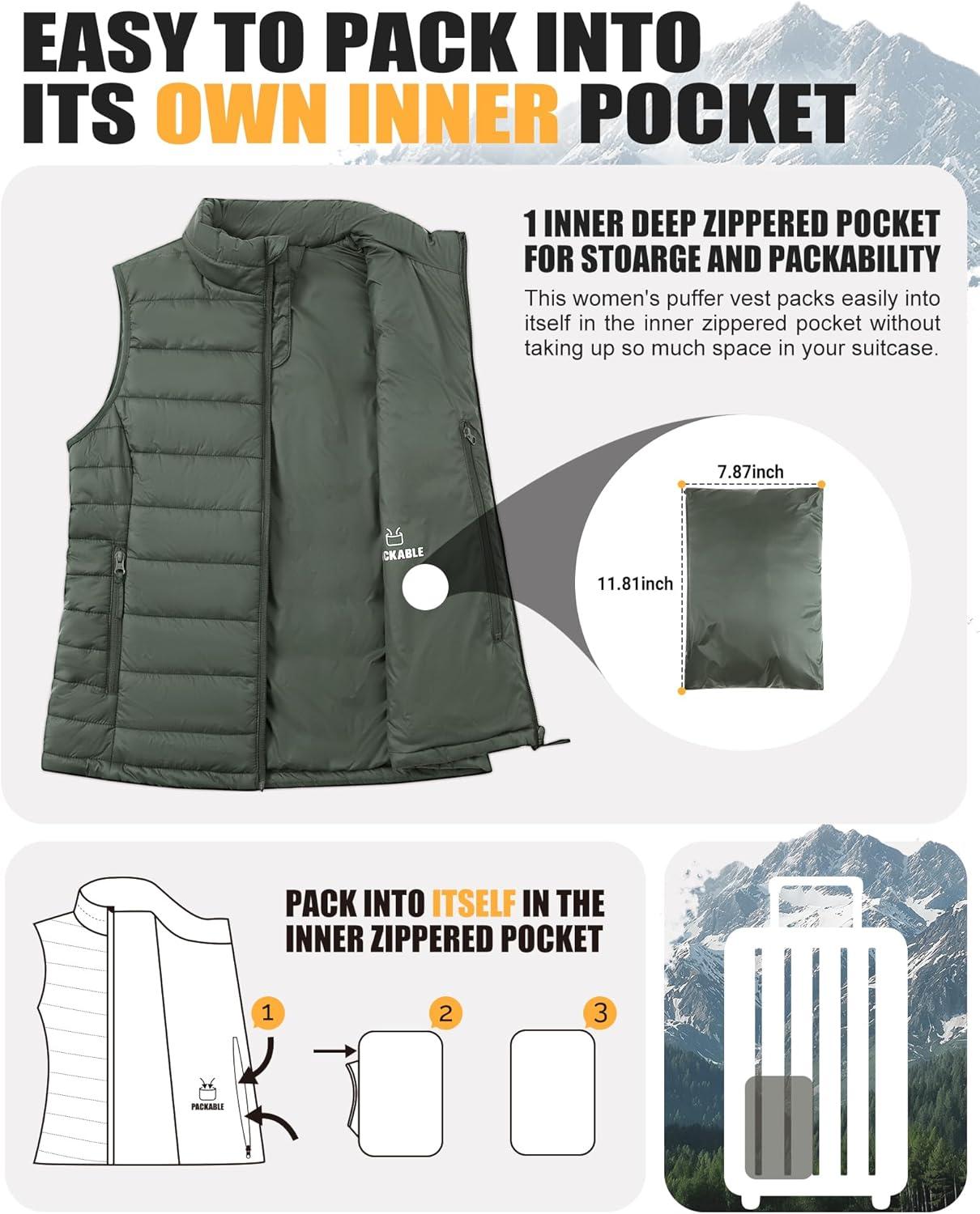 Outdoor Ventures Women’s Lightweight Puffer Vest Outerwear Zip Up Warm Sleeveless Winter Jacket Padded Gilet Quilted Coat(Army Green)