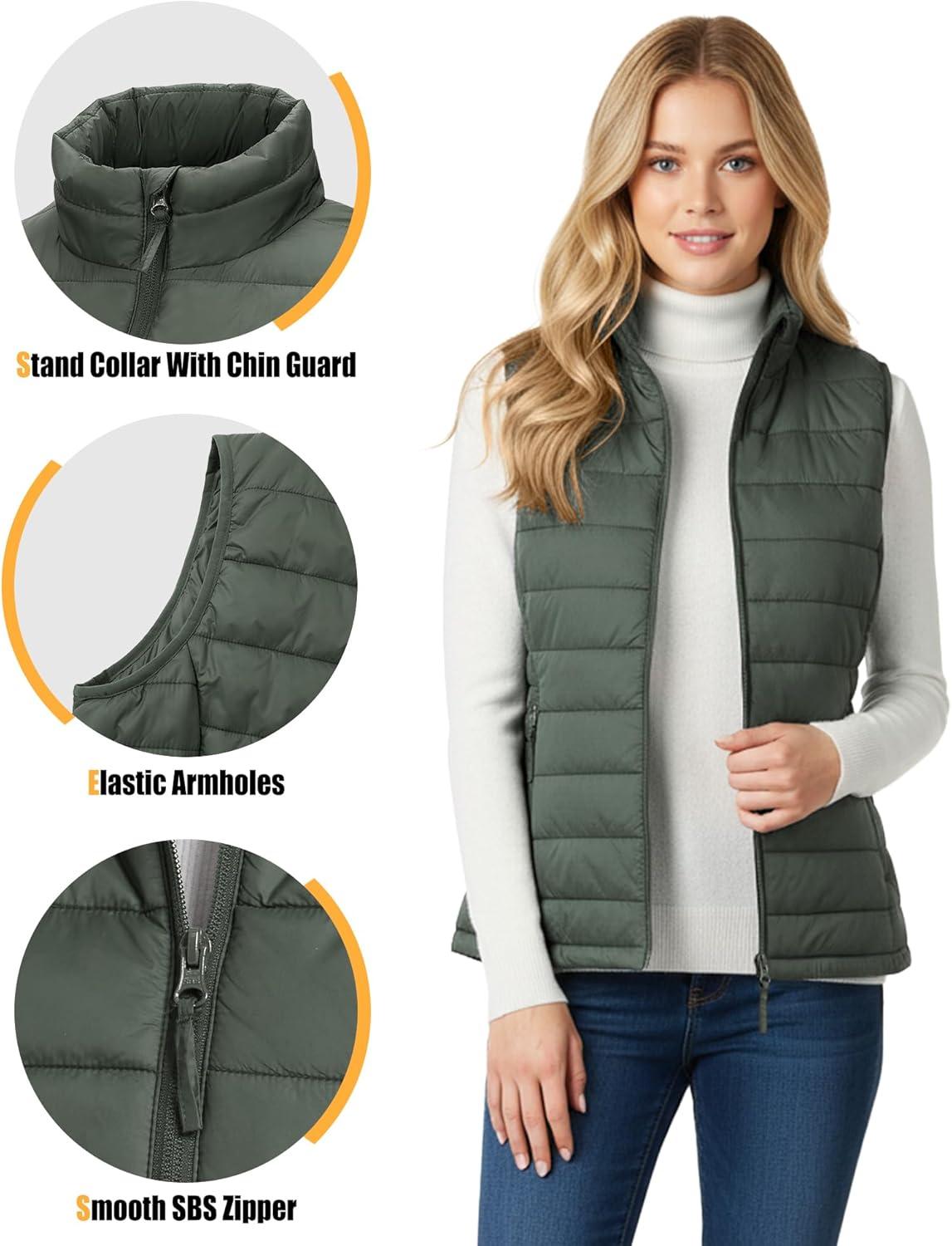 Outdoor Ventures Women’s Lightweight Puffer Vest Outerwear Zip Up Warm Sleeveless Winter Jacket Padded Gilet Quilted Coat(Army Green)