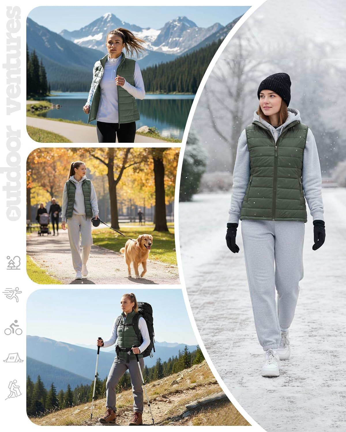 Outdoor Ventures Women’s Lightweight Puffer Vest Outerwear Zip Up Warm Sleeveless Winter Jacket Padded Gilet Quilted Coat(Army Green)