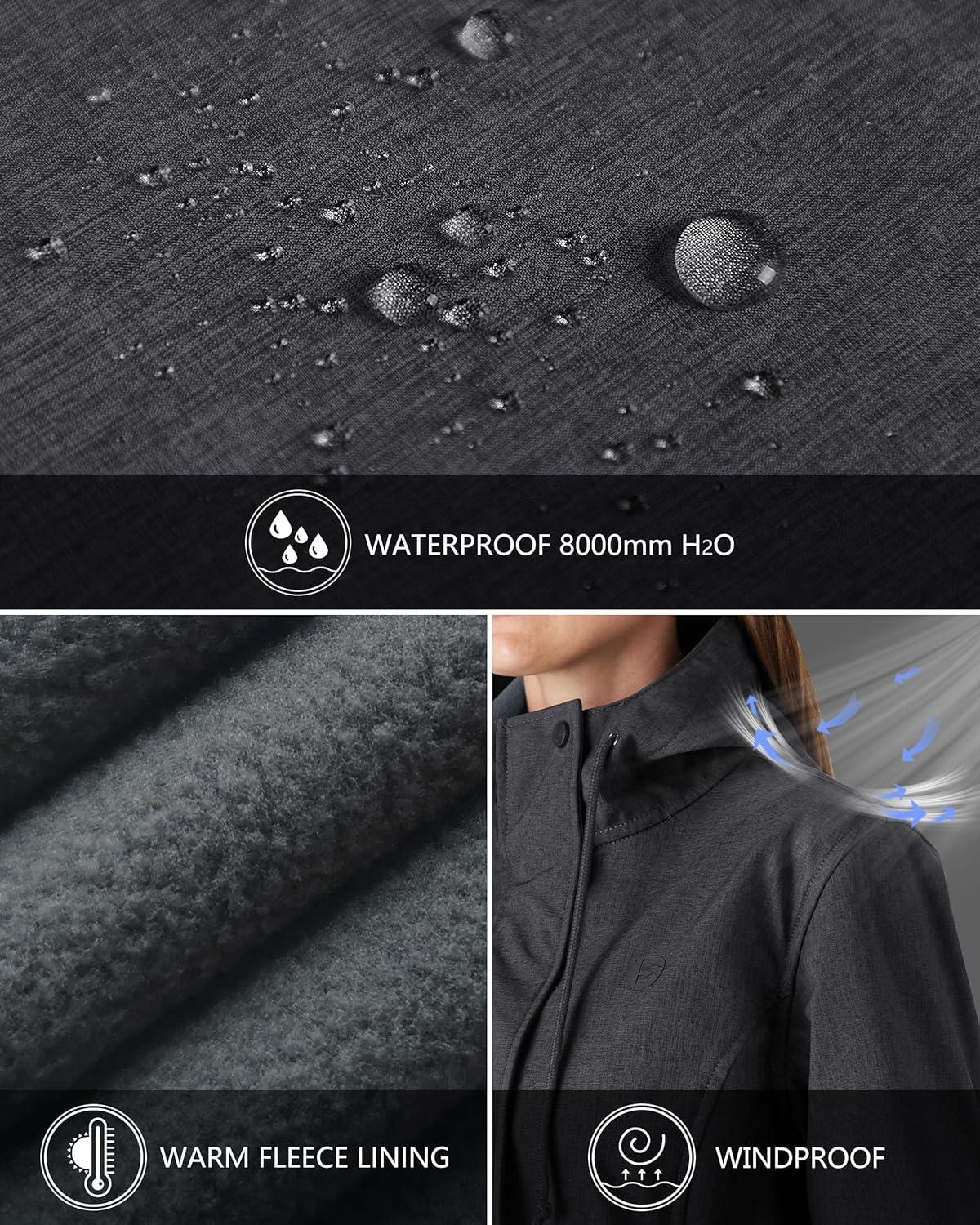 Outdoor Ventures Women’s Lightweight Waterproof Fleece Lined Hooded Softshell Rain Jacket, Warm Windbreaker Long Coat(Darkgrey Melange)