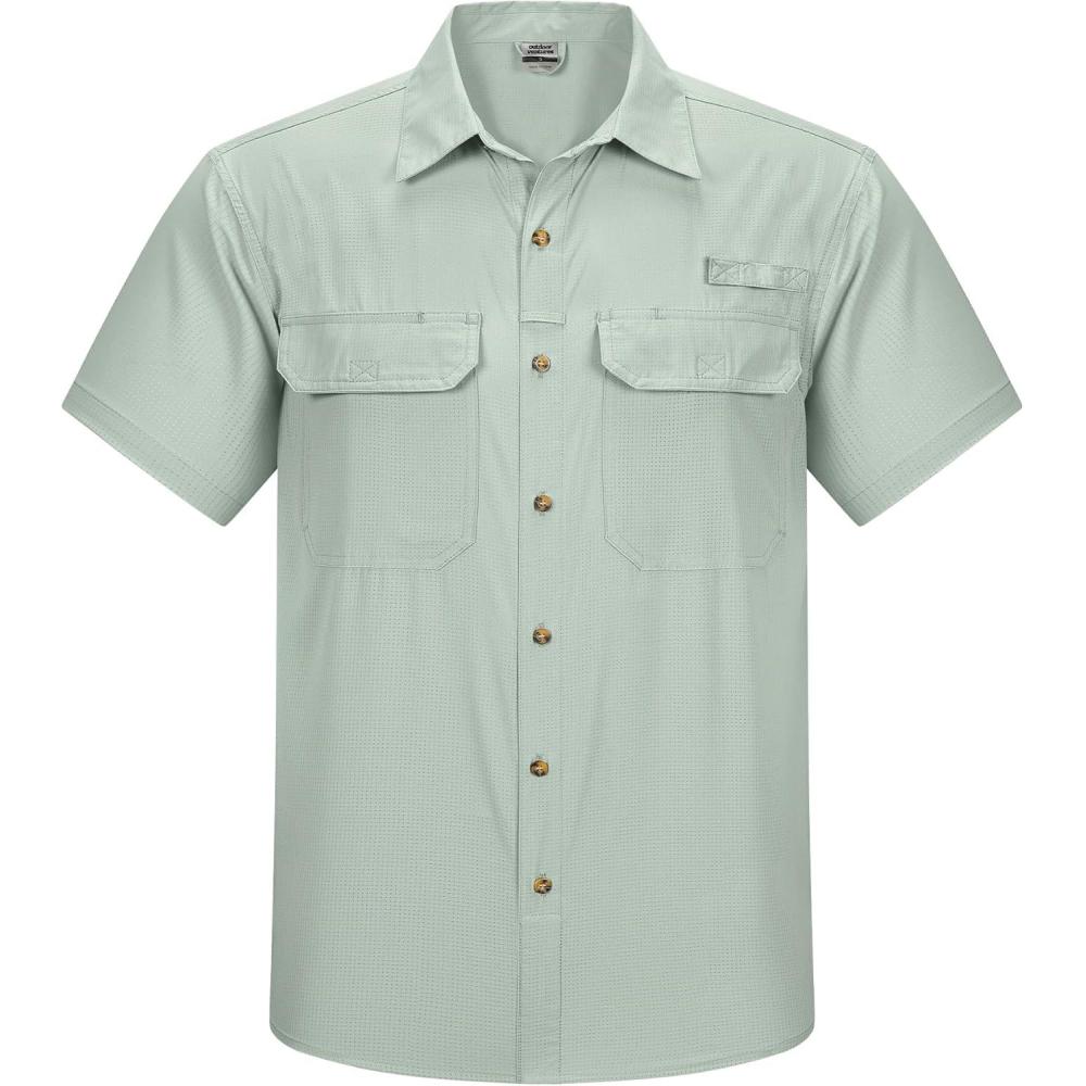 Outdoor Ventures Men’s Lightweight Short Sleeve Fishing Shirt UPF 50 Button Down Quick Dry Cooling Hiking Travel Safari Shirt(Pale Green)