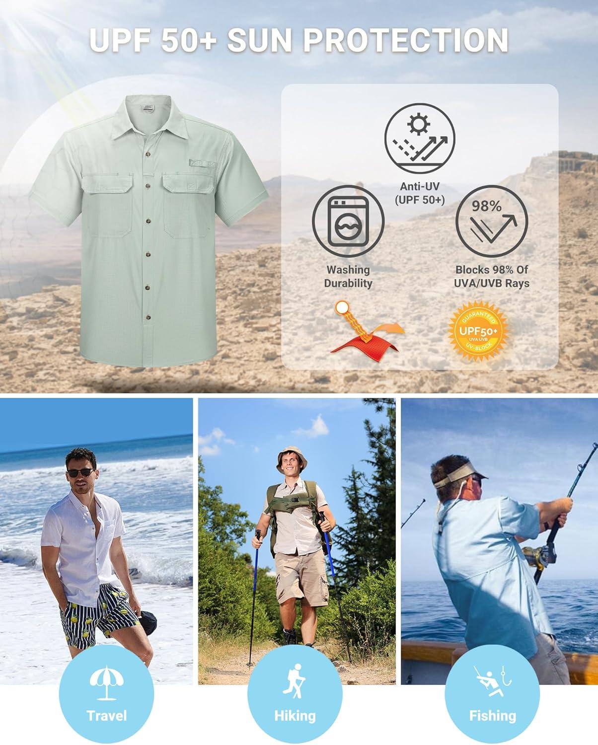Outdoor Ventures Men’s Lightweight Short Sleeve Fishing Shirt UPF 50 Button Down Quick Dry Cooling Hiking Travel Safari Shirt(Pale Green)