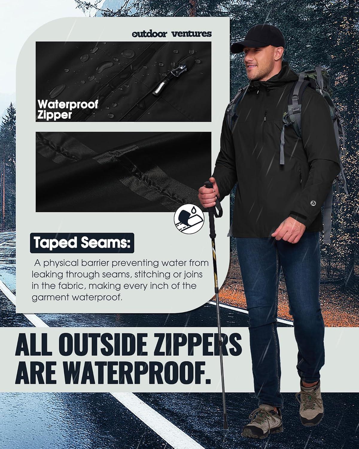 Outdoor Ventures Men’s Packable Rain Jacket Waterproof Lightweight Raincoat with Hood Windproof Cycling Jackets(Black)