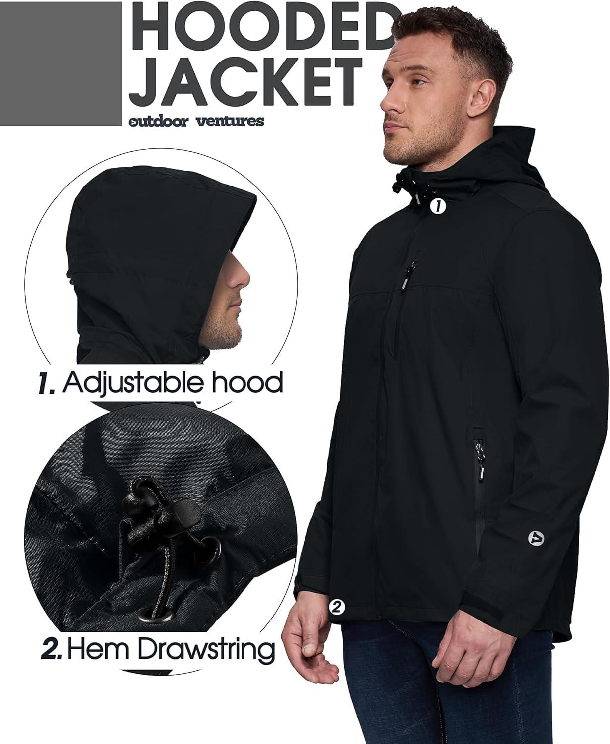 Outdoor Ventures Men’s Packable Rain Jacket Waterproof Lightweight Raincoat with Hood Windproof Cycling Jackets(Black)
