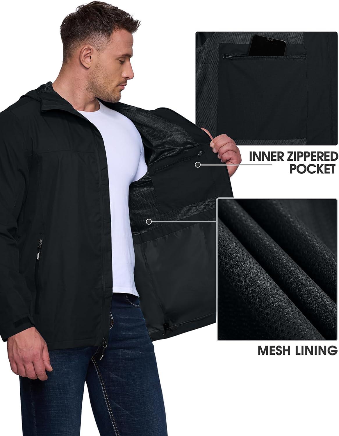 Outdoor Ventures Men’s Packable Rain Jacket Waterproof Lightweight Raincoat with Hood Windproof Cycling Jackets(Black)