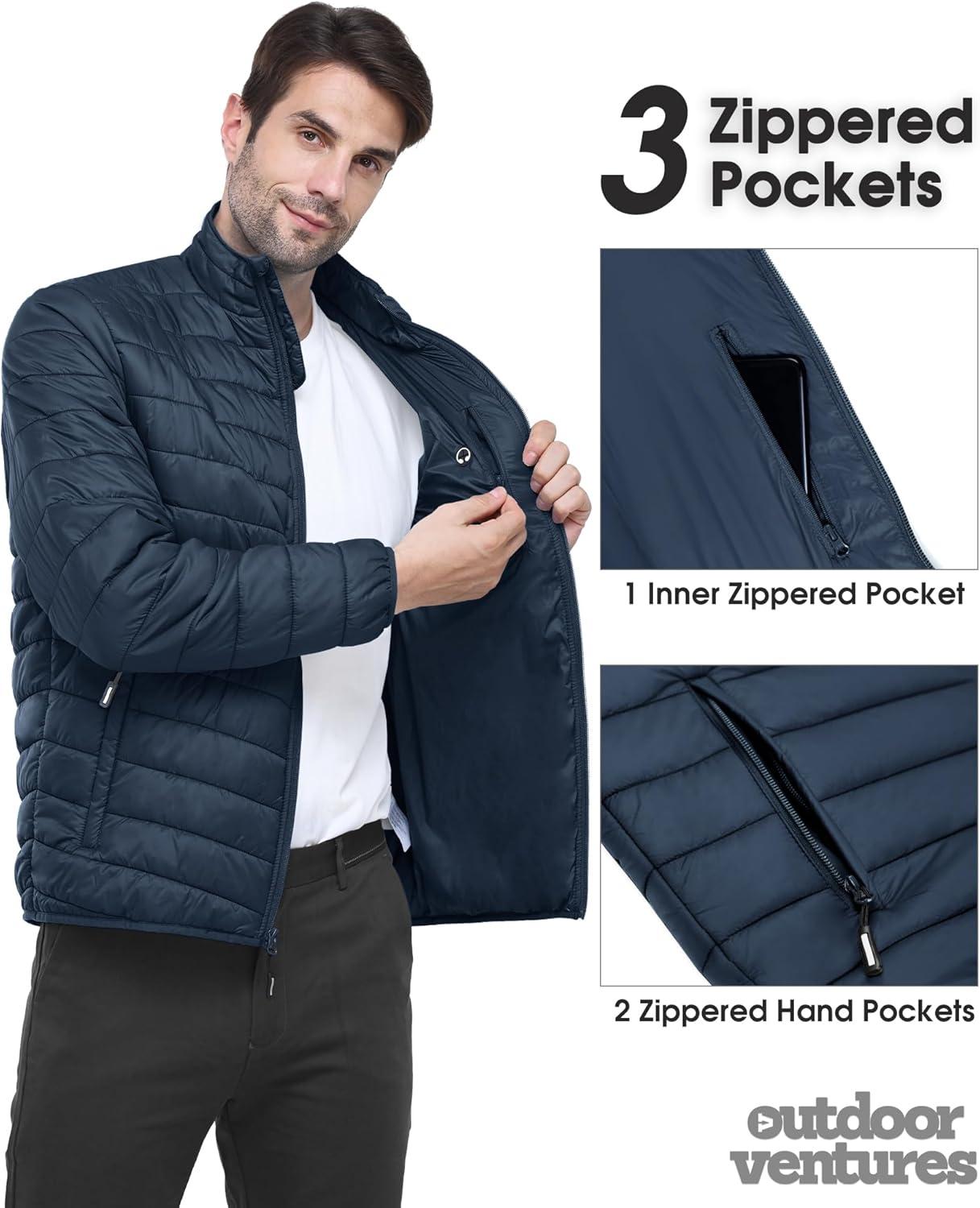 Outdoor Ventures Men’s Lightweight Packable Puffer Winter Jacket Insulated Puffy Coat for Snow Ski Hiking Travel(Dark Denim(fold in Pocket Or Bag))