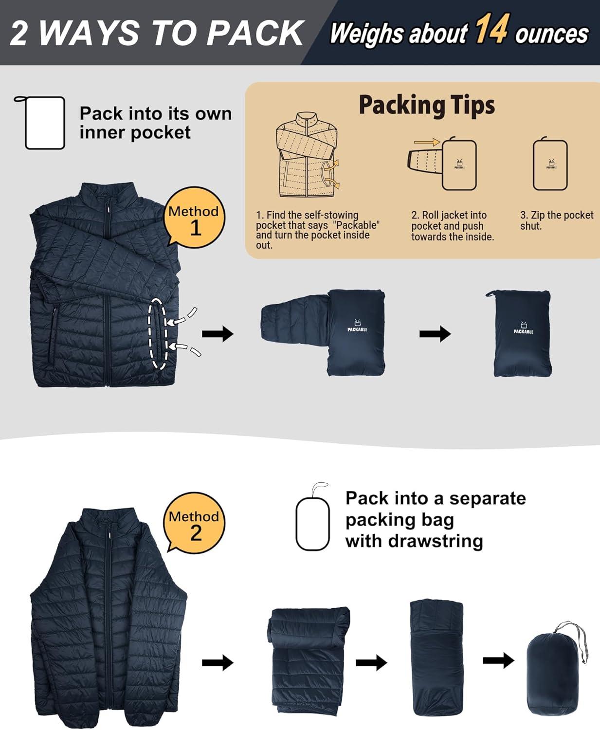Outdoor Ventures Men’s Lightweight Packable Puffer Winter Jacket Insulated Puffy Coat for Snow Ski Hiking Travel(Dark Denim(fold in Pocket Or Bag))