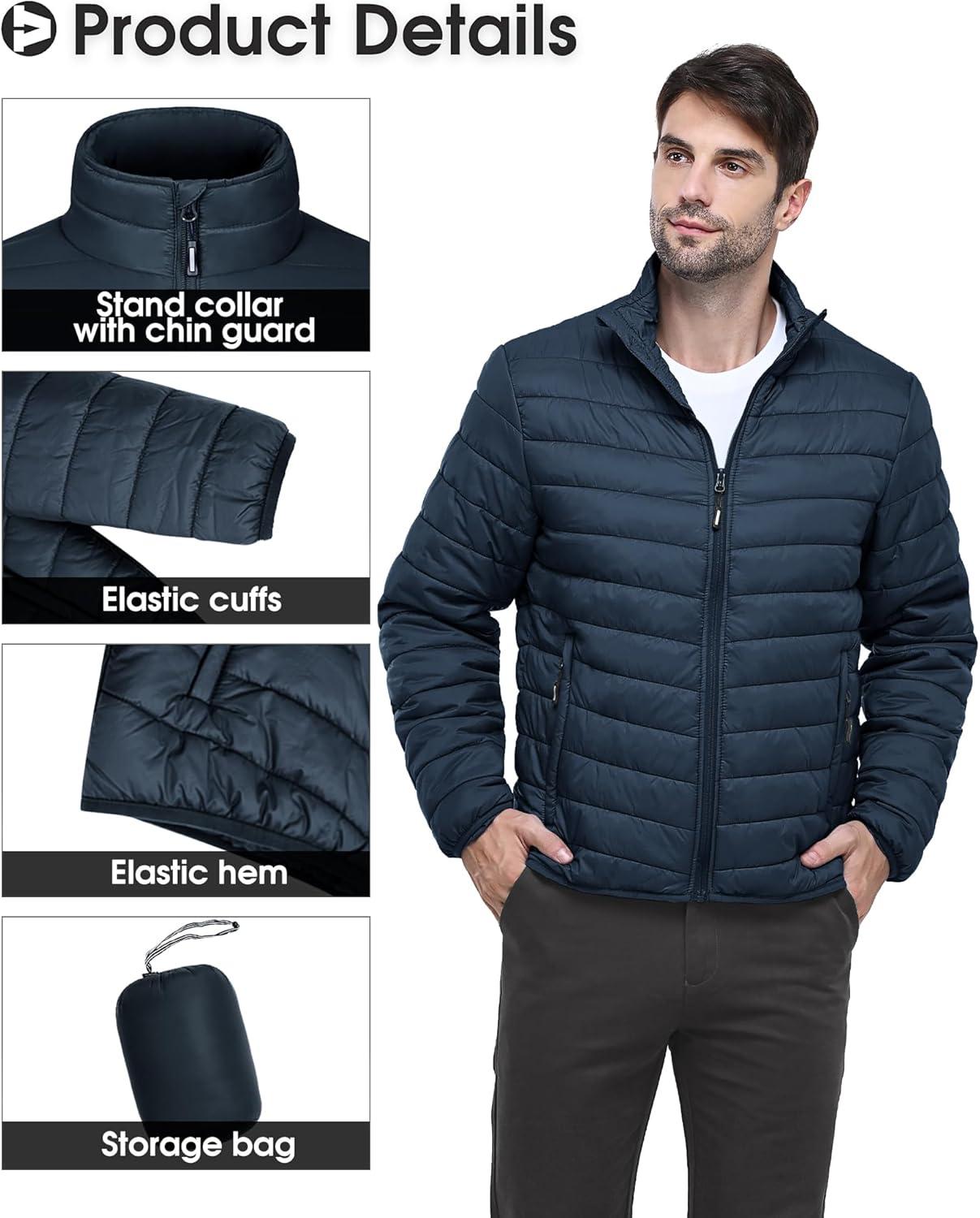 Outdoor Ventures Men’s Lightweight Packable Puffer Winter Jacket Insulated Puffy Coat for Snow Ski Hiking Travel(Dark Denim(fold in Pocket Or Bag))