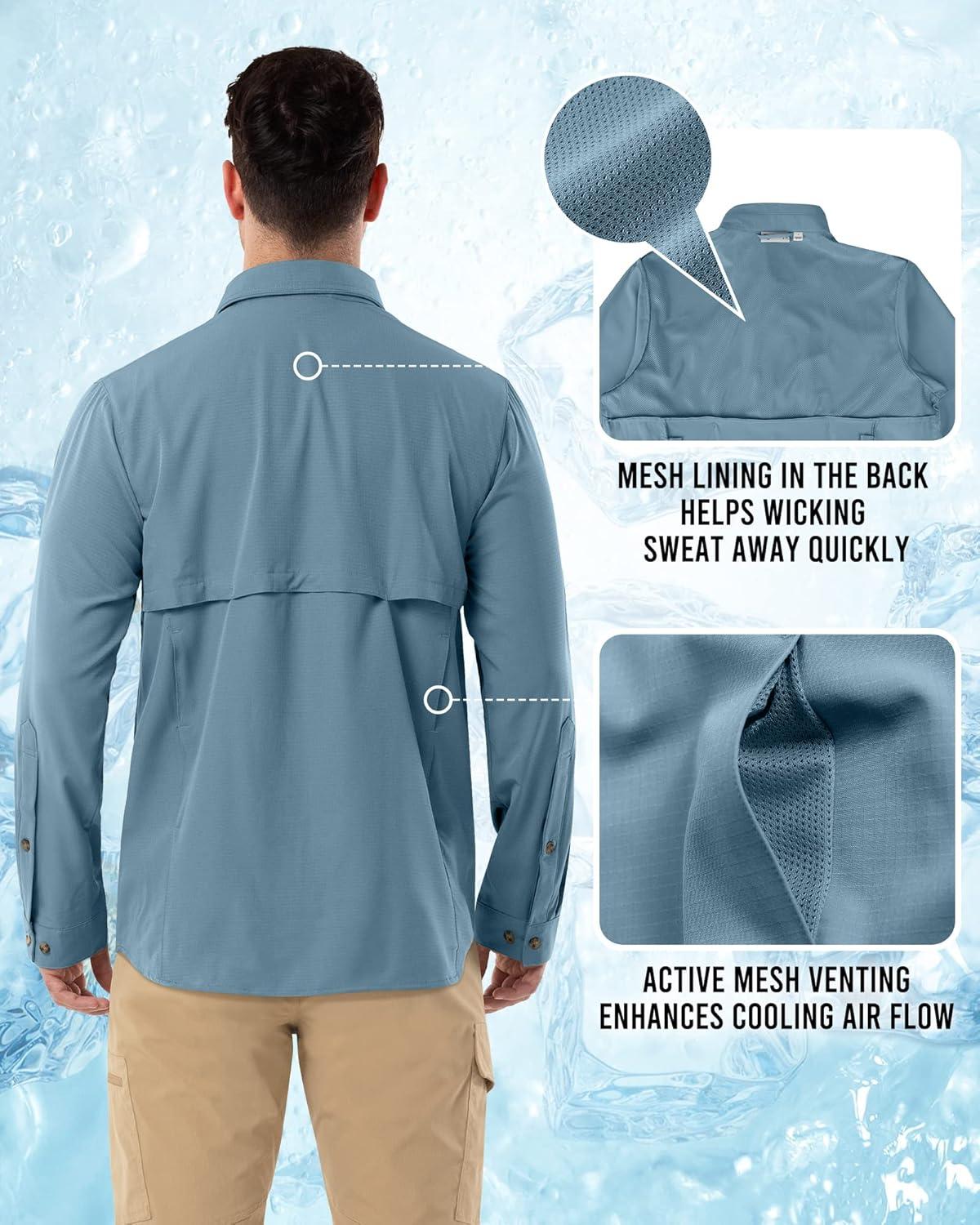 Outdoor Ventures Men’s Long Sleeve Hiking Shirt UPF 50 UV Sun Protection Shirt Cooling Quick Dry for Travel Fishing Safari(Ocean Blue)