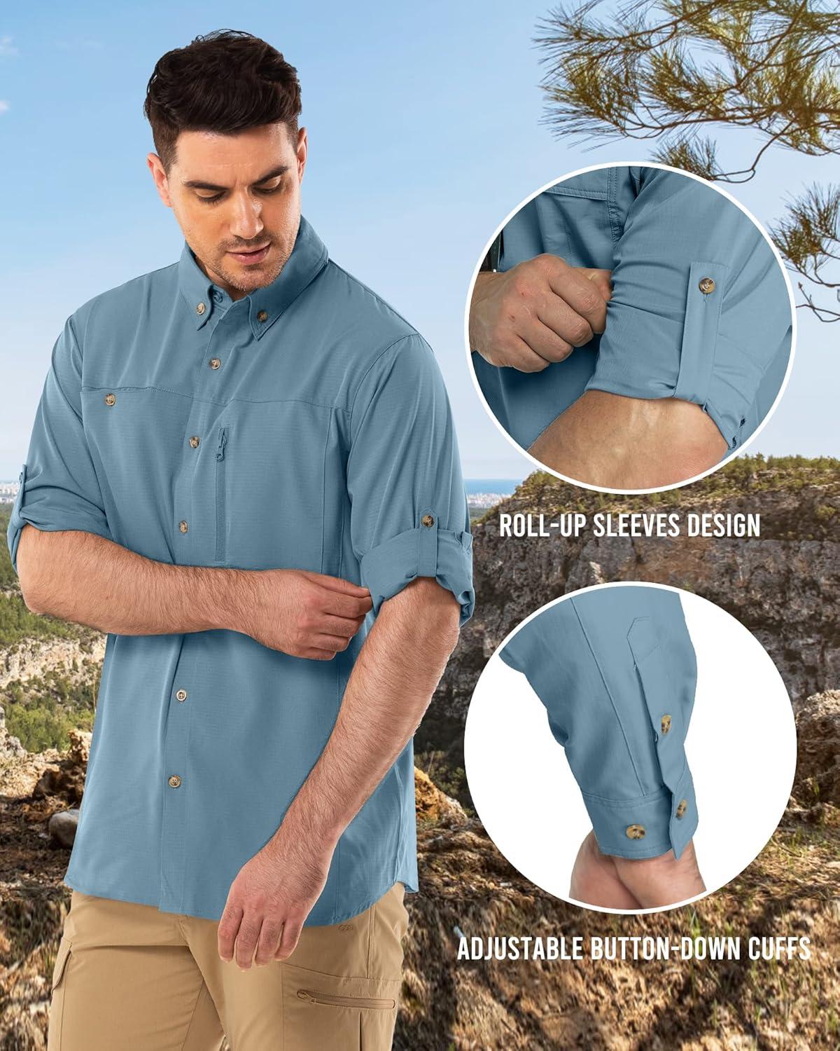 Outdoor Ventures Men’s Long Sleeve Hiking Shirt UPF 50 UV Sun Protection Shirt Cooling Quick Dry for Travel Fishing Safari(Ocean Blue)