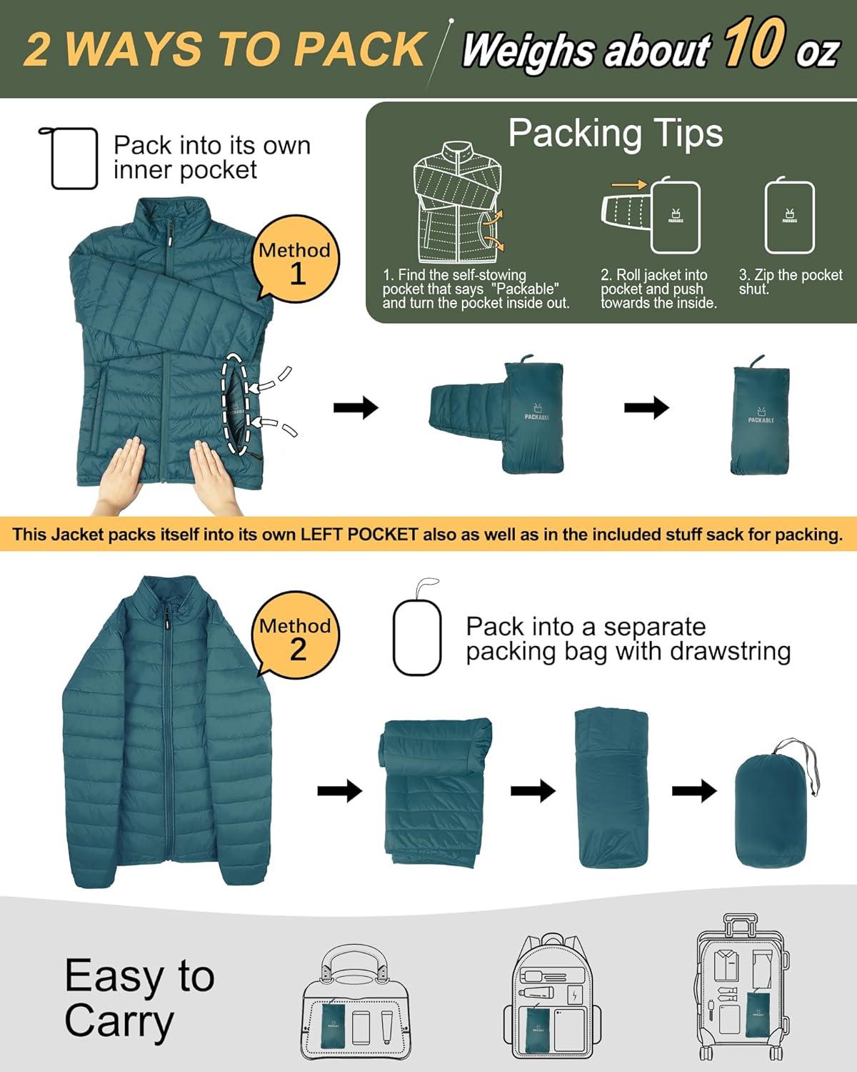 Outdoor Ventures Women’s Packable Full-Zip Short Puffer Jacket Insulated Quilted Warm Lightweight Winter Coat(Teal(fold in Pocket))