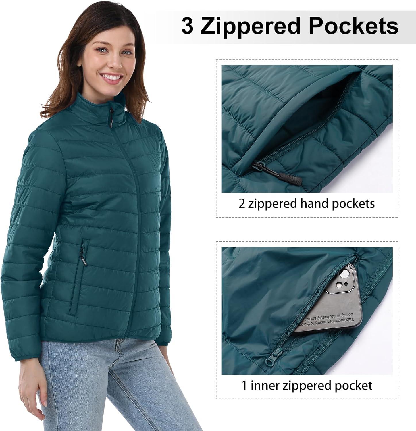 Outdoor Ventures Women’s Packable Full-Zip Short Puffer Jacket Insulated Quilted Warm Lightweight Winter Coat(Teal(fold in Pocket))