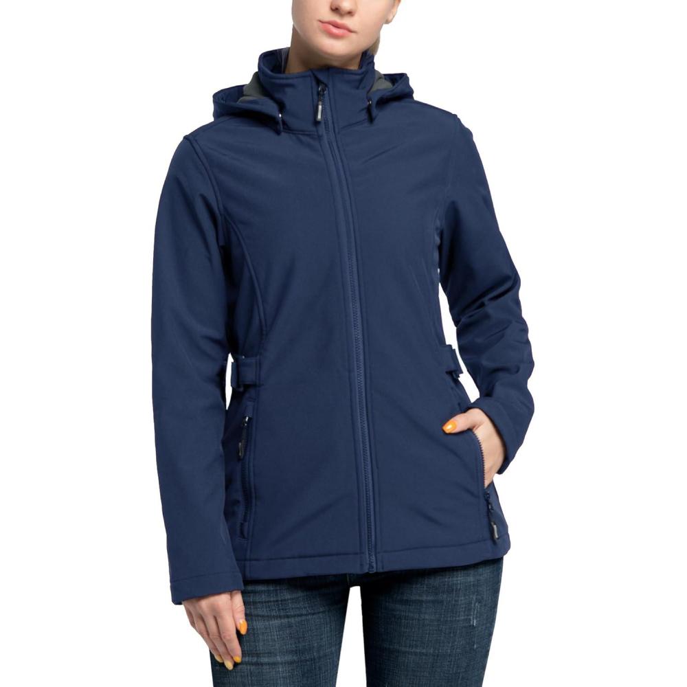 Outdoor Ventures Women’s Softshell Jacket with Removable Hood, Insulated Windbreaker Waterproof Warm Fleece Lined Coat(Dark Blue)