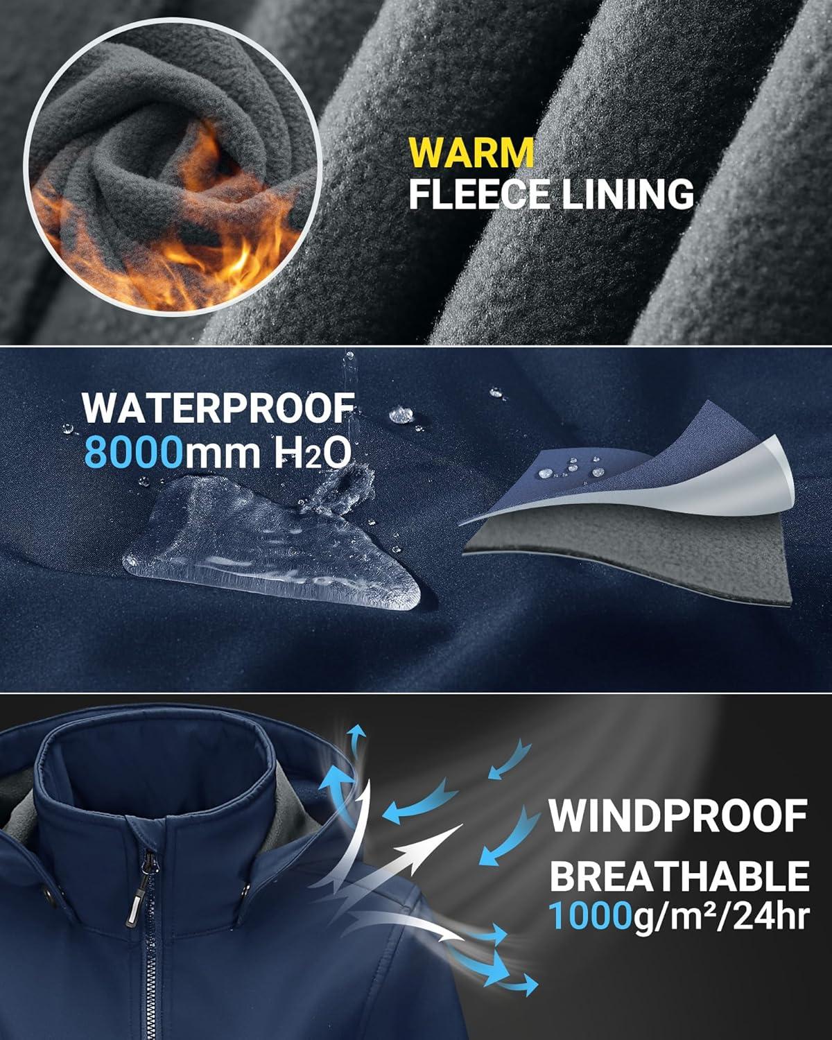 Outdoor Ventures Women’s Softshell Jacket with Removable Hood, Insulated Windbreaker Waterproof Warm Fleece Lined Coat(Dark Blue)
