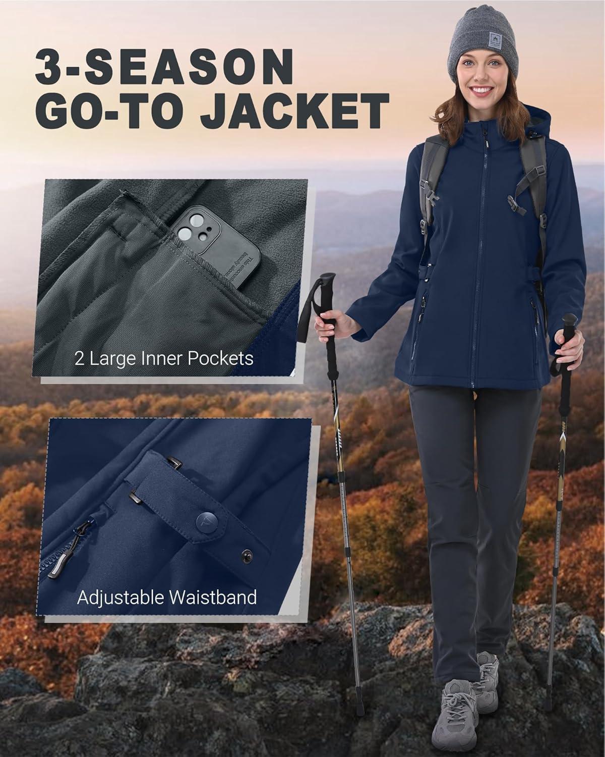 Outdoor Ventures Women’s Softshell Jacket with Removable Hood, Insulated Windbreaker Waterproof Warm Fleece Lined Coat(Dark Blue)