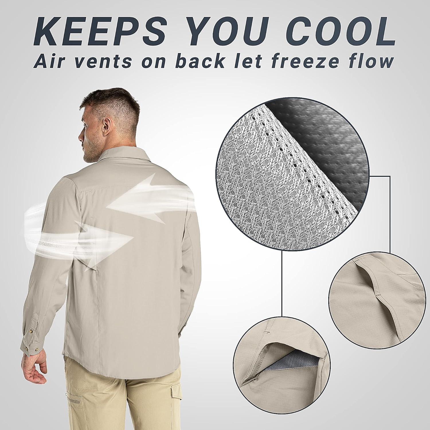 Outdoor Ventures Men’s UPF 50+ UV Sun Protection SPF Hiking Shirt Long Sleeve Lightweight Quick Dry for Safari Travel Fishing(Khaki)