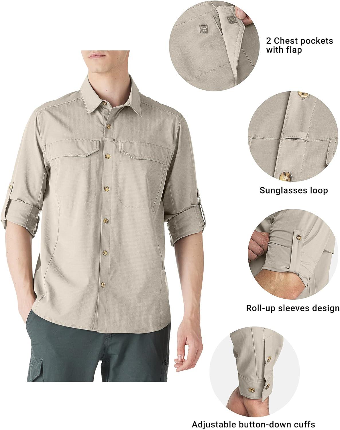 Outdoor Ventures Men’s UPF 50+ UV Sun Protection SPF Hiking Shirt Long Sleeve Lightweight Quick Dry for Safari Travel Fishing(Khaki)