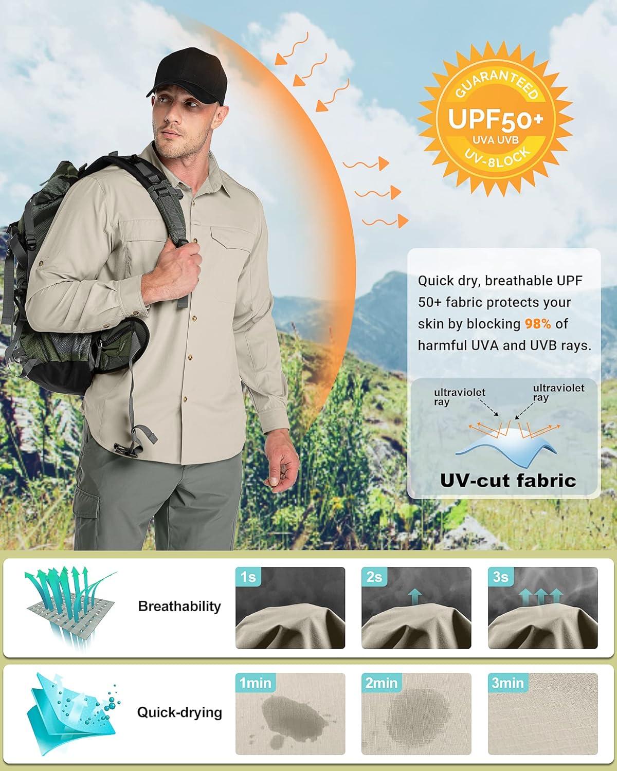 Outdoor Ventures Men’s UPF 50+ UV Sun Protection SPF Hiking Shirt Long Sleeve Lightweight Quick Dry for Safari Travel Fishing(Khaki)