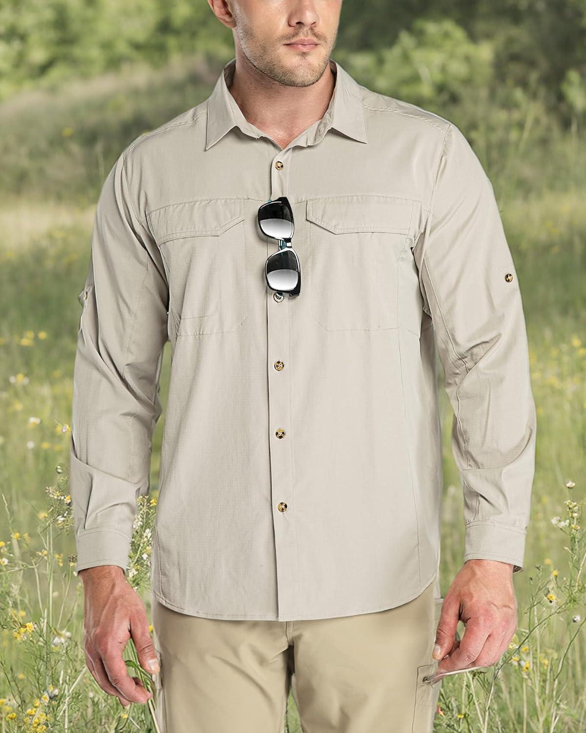 Outdoor Ventures Men’s UPF 50+ UV Sun Protection SPF Hiking Shirt Long Sleeve Lightweight Quick Dry for Safari Travel Fishing(Khaki)