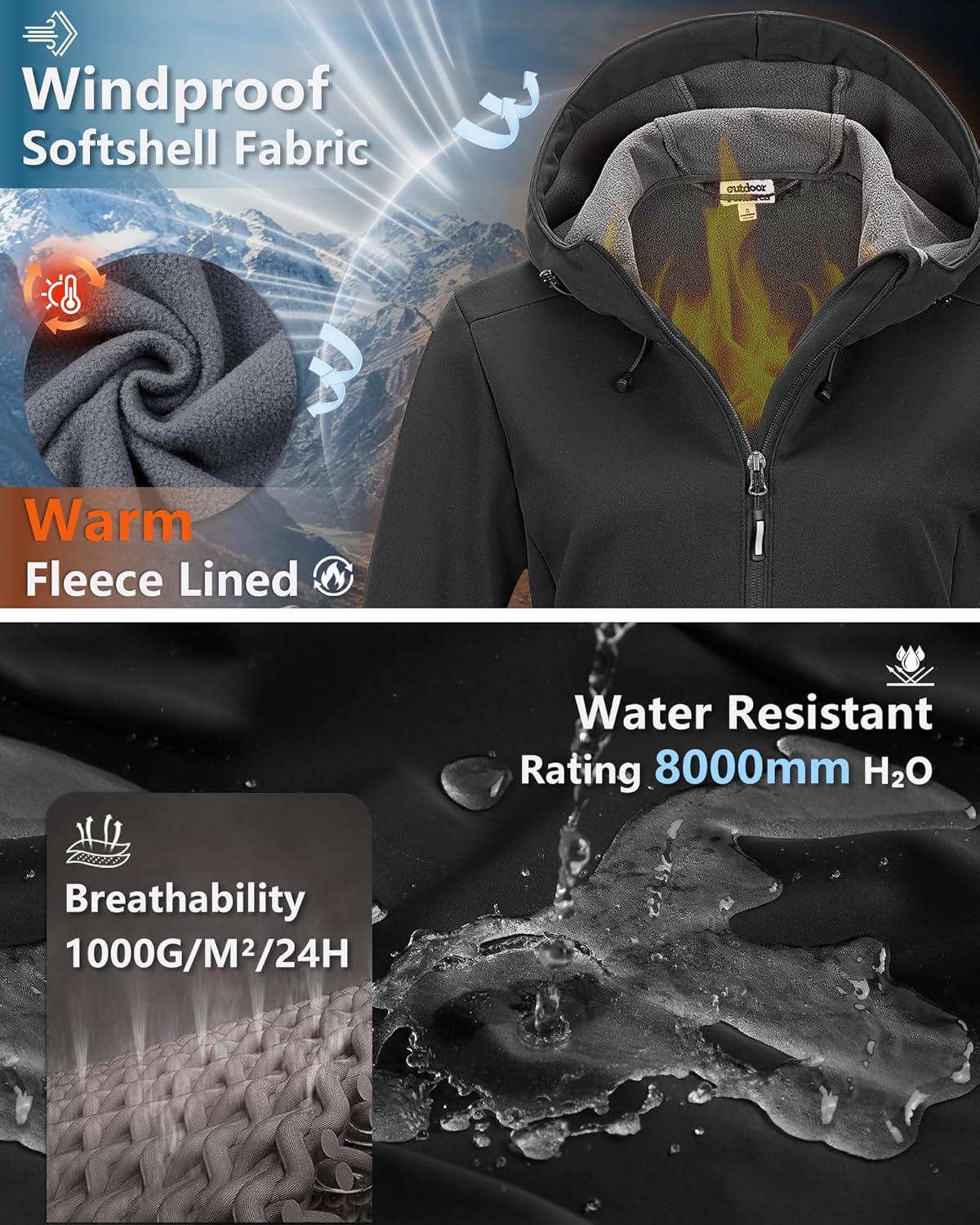 Outdoor Ventures Women’s Softshell Jacket Waterproof Warm Fleece Lined Lightweight Windproof Hooded Insulated Windbreaker(Black)